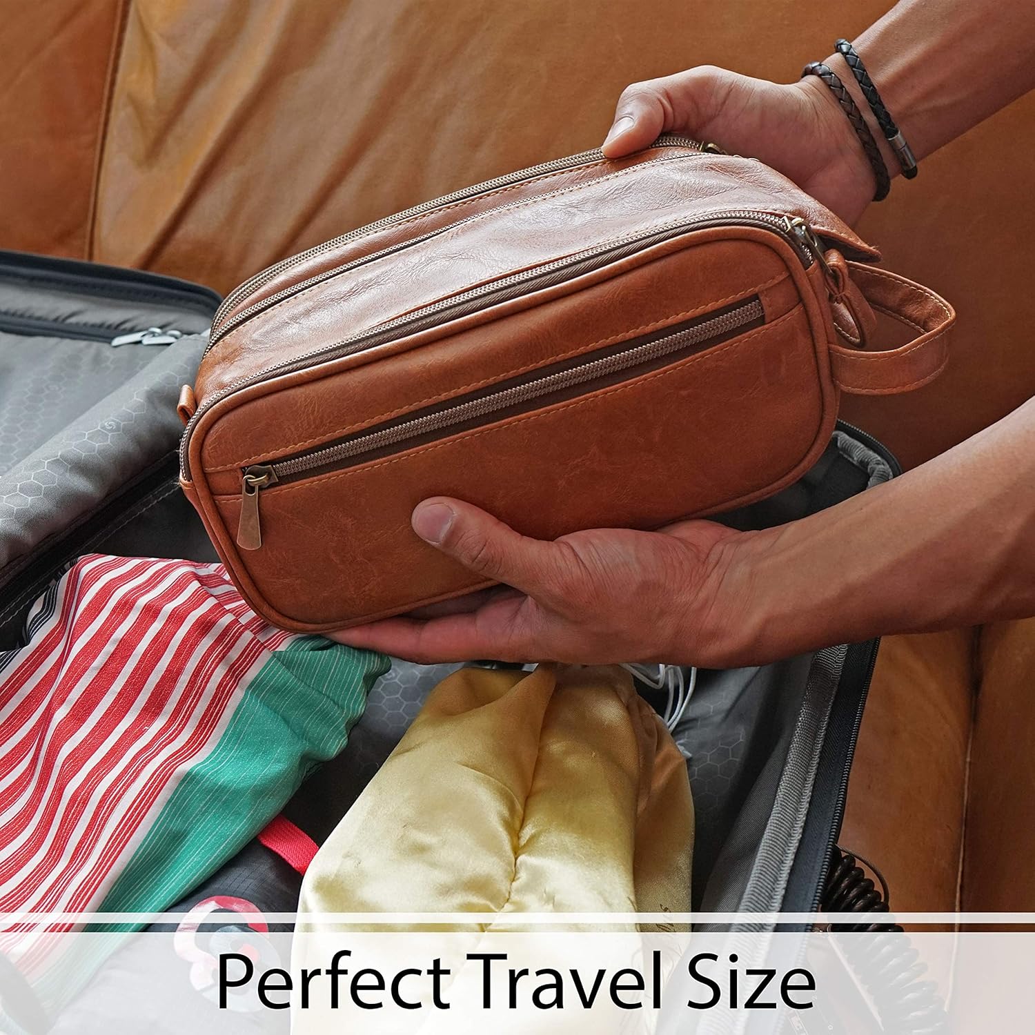 Toiletry Bag for Men or Women - Dopp Kit For Travel. Large Cosmetic and Shaving Bag. Toiletries Organizer PU Leather Bags (Standard, Brown) : Beauty