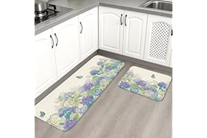 Hydrangea Kitchen Mats for Floor, Blue Violet Vintage Soft Mats, Spring Cushioned Washable Non Slip Decor Rugs for Kitchen Si