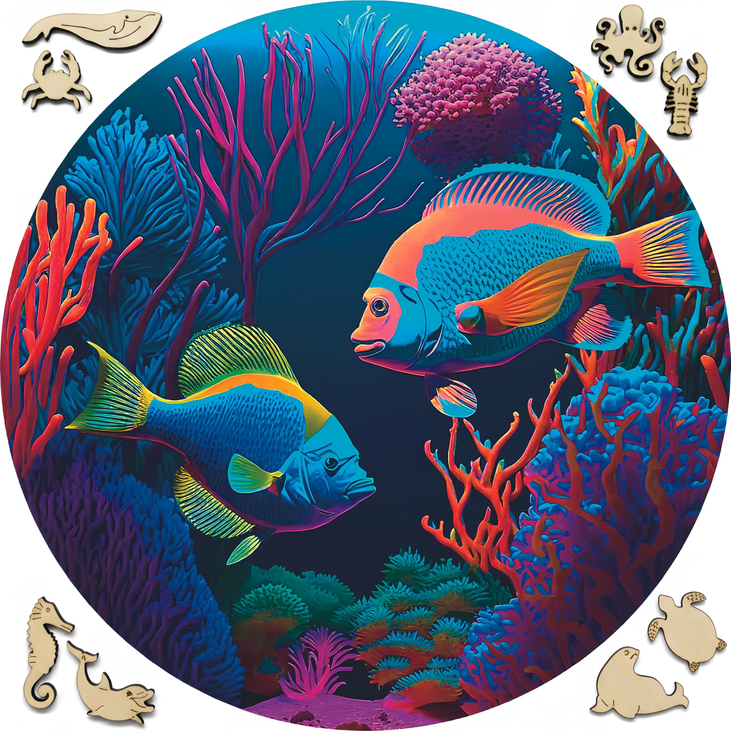 Wooden Jigsaw Puzzles for Adults - Animal Shaped Puzzles - Round Wooden Ocean Puzzles - Christmas & Birthday Gift Idea - Colorful Fishes