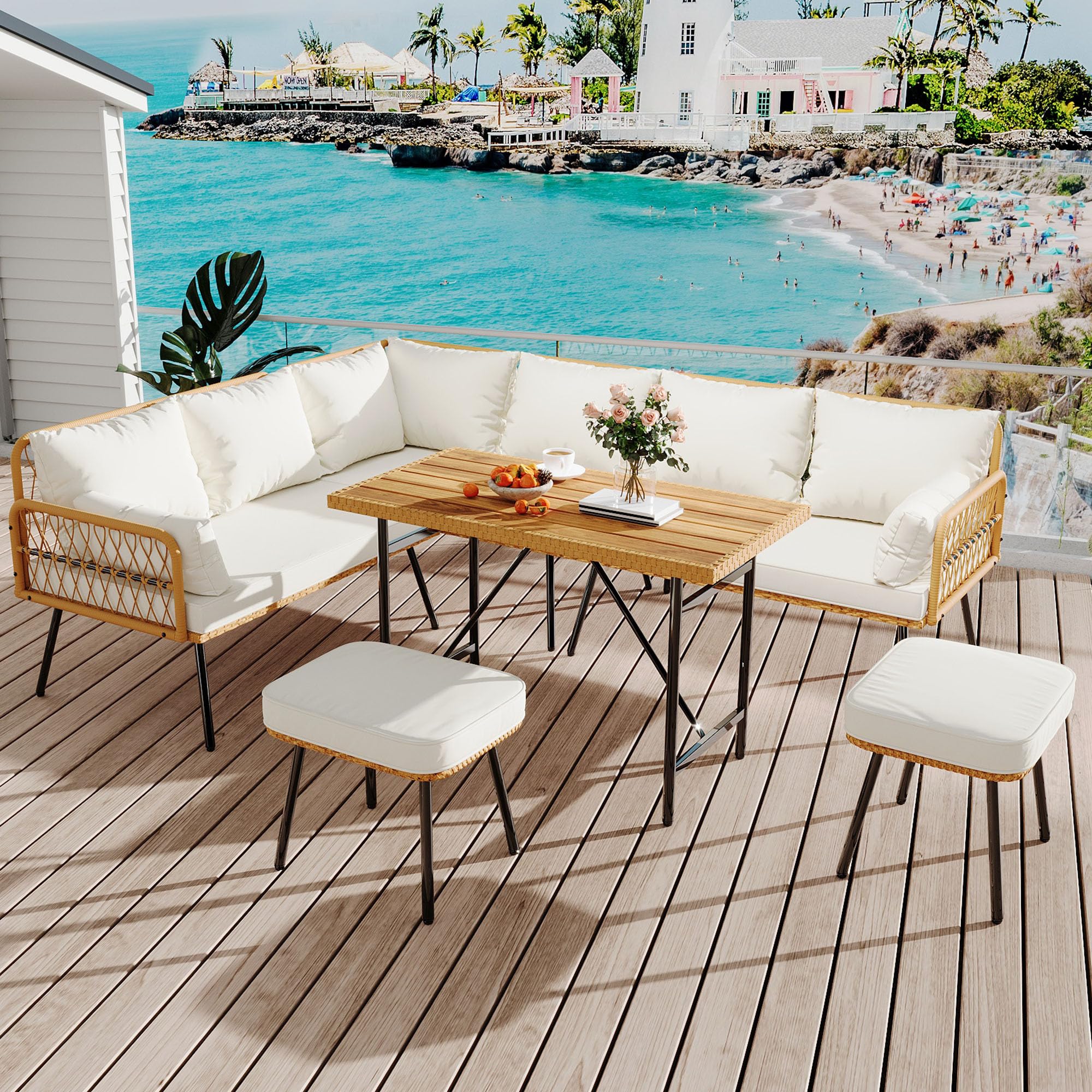 Photo 1 of *MISSING PARTS* 6-Pieces Outdoor Patio Furniture Set, L-Shaped Sectional Sofa with Glass Coffee Table& Cushioned, All-Weather PE Wicker & Steel Frame, Boho Conversation Sets for Patio, Balcony, Poolside, Beige