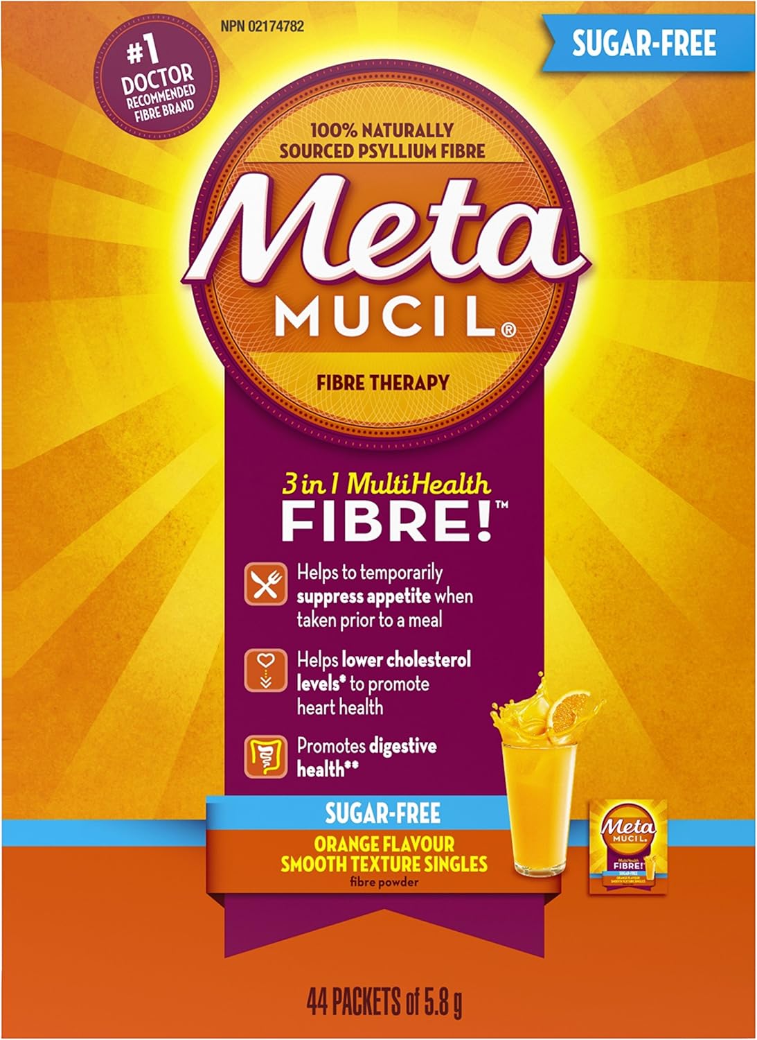 Metamucil MultiHealth Lot de 44 sachets de poudre sans sucre Orange 5,8