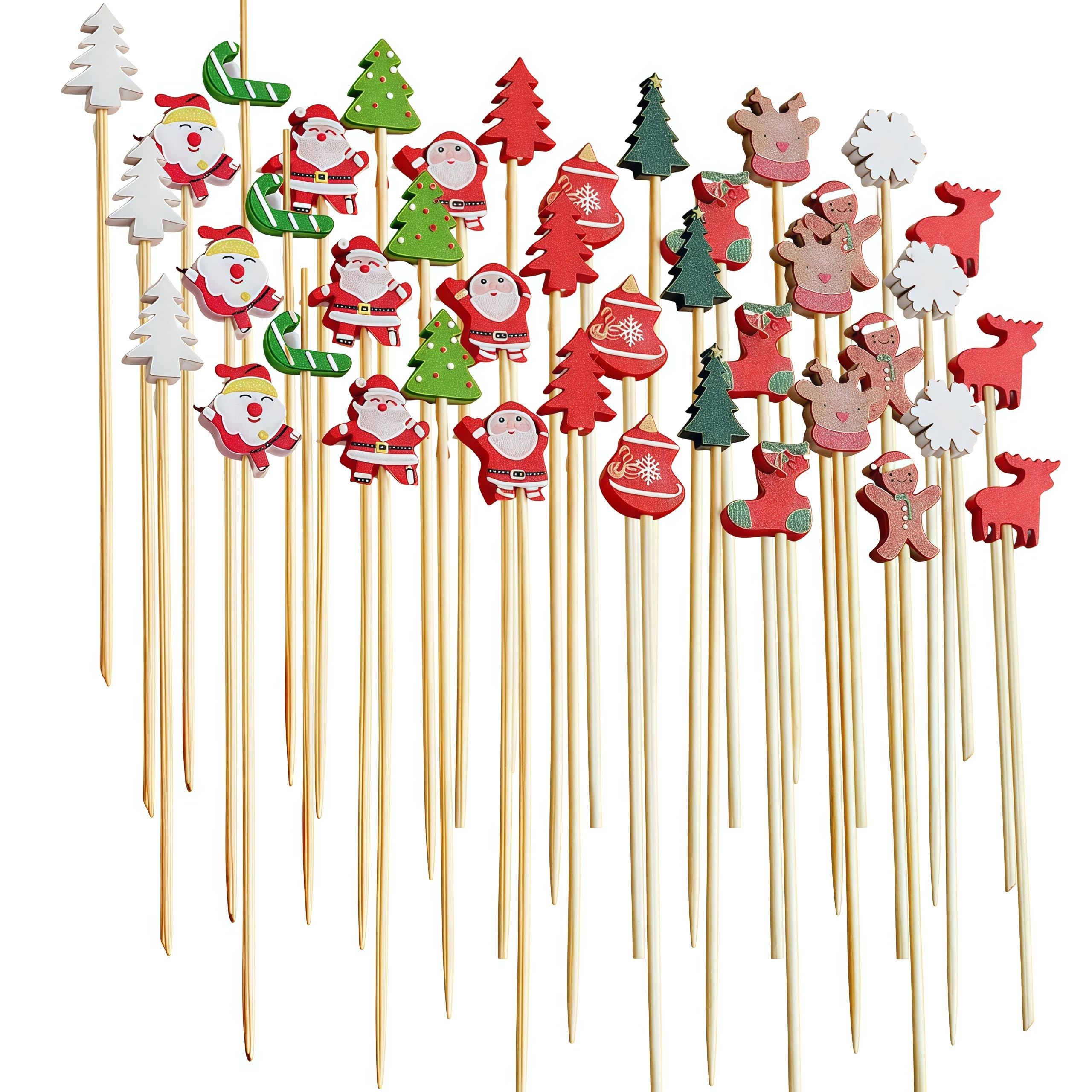 Photo 1 of 100PCS Christmas Cocktail Toothpicks, Handmade Bamboo Fruit Skewers with Santa, Christmas Tree, Stocking & Gingerbread Man Designs, 12cm Appetizer Picks for Party Decorations & Holiday Snacks