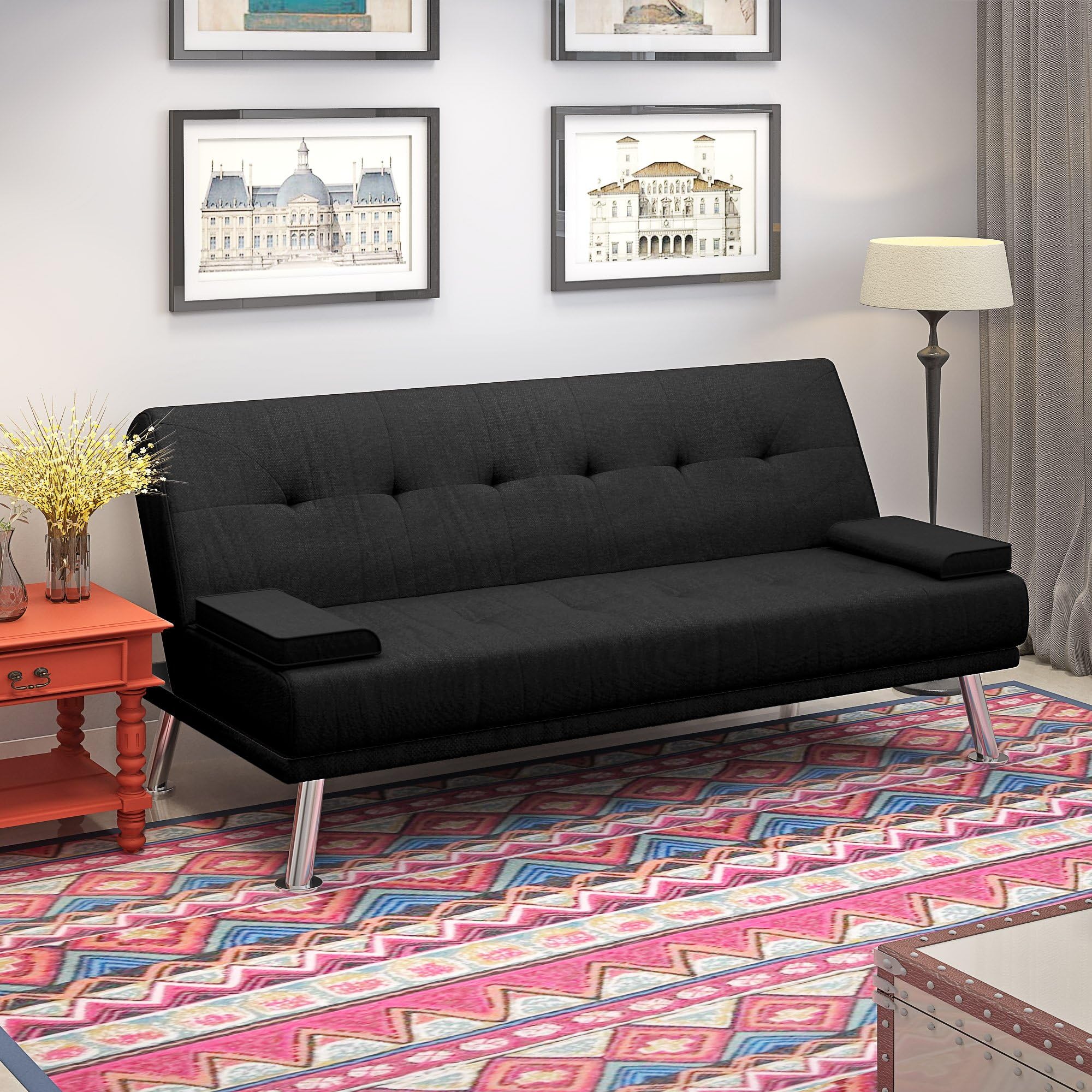 MissSnower Contemporary Fabric Sofa Bed with Chrome Legs, 3 Seater Suite Sofabed Living Room Furniture, Black