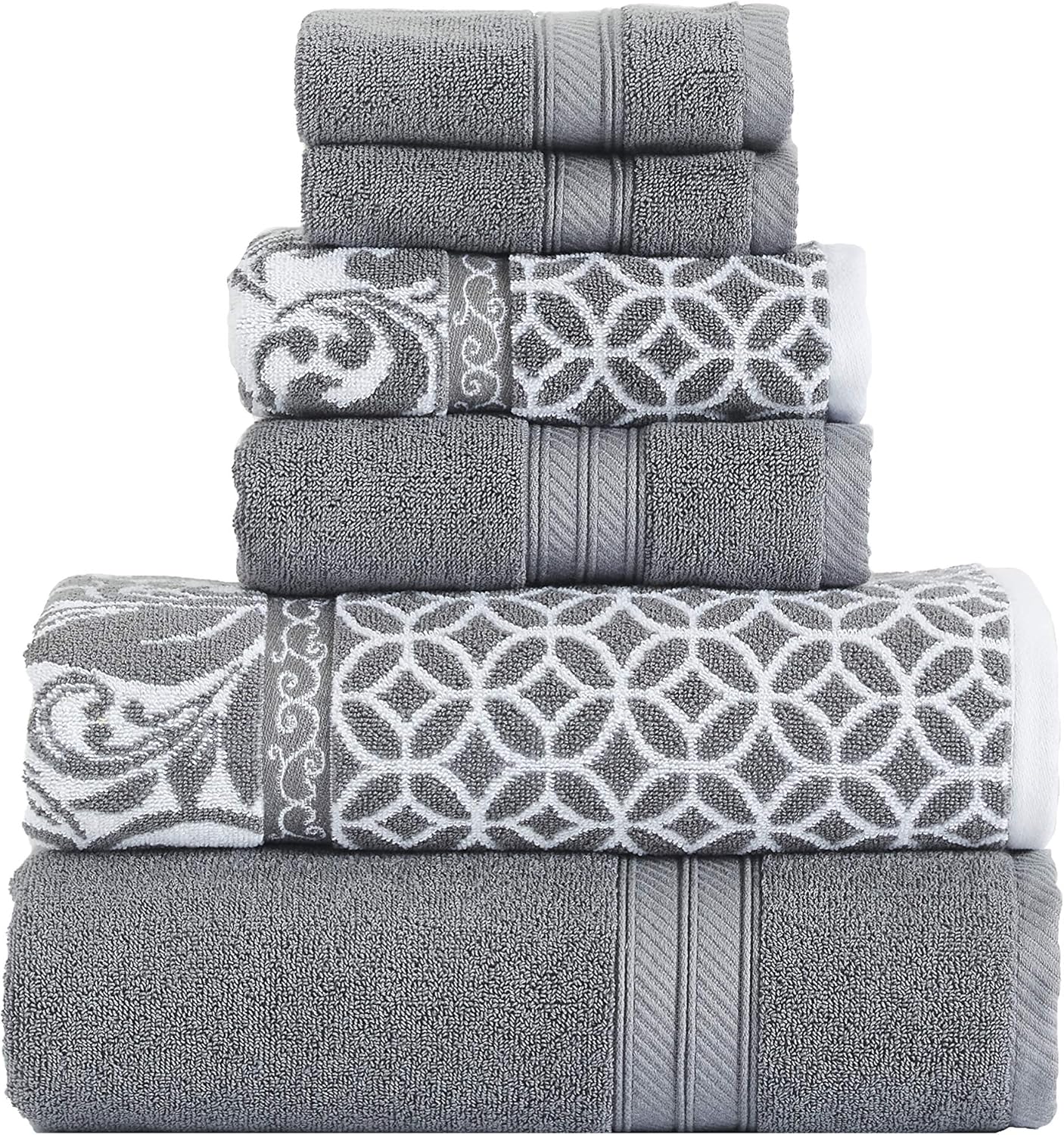 Amrapur Overseas | Trefoil Filigree 6 Piece Reversible Yarn Dyed Jacquard Towel Set (Platinum): Home & Kitchen