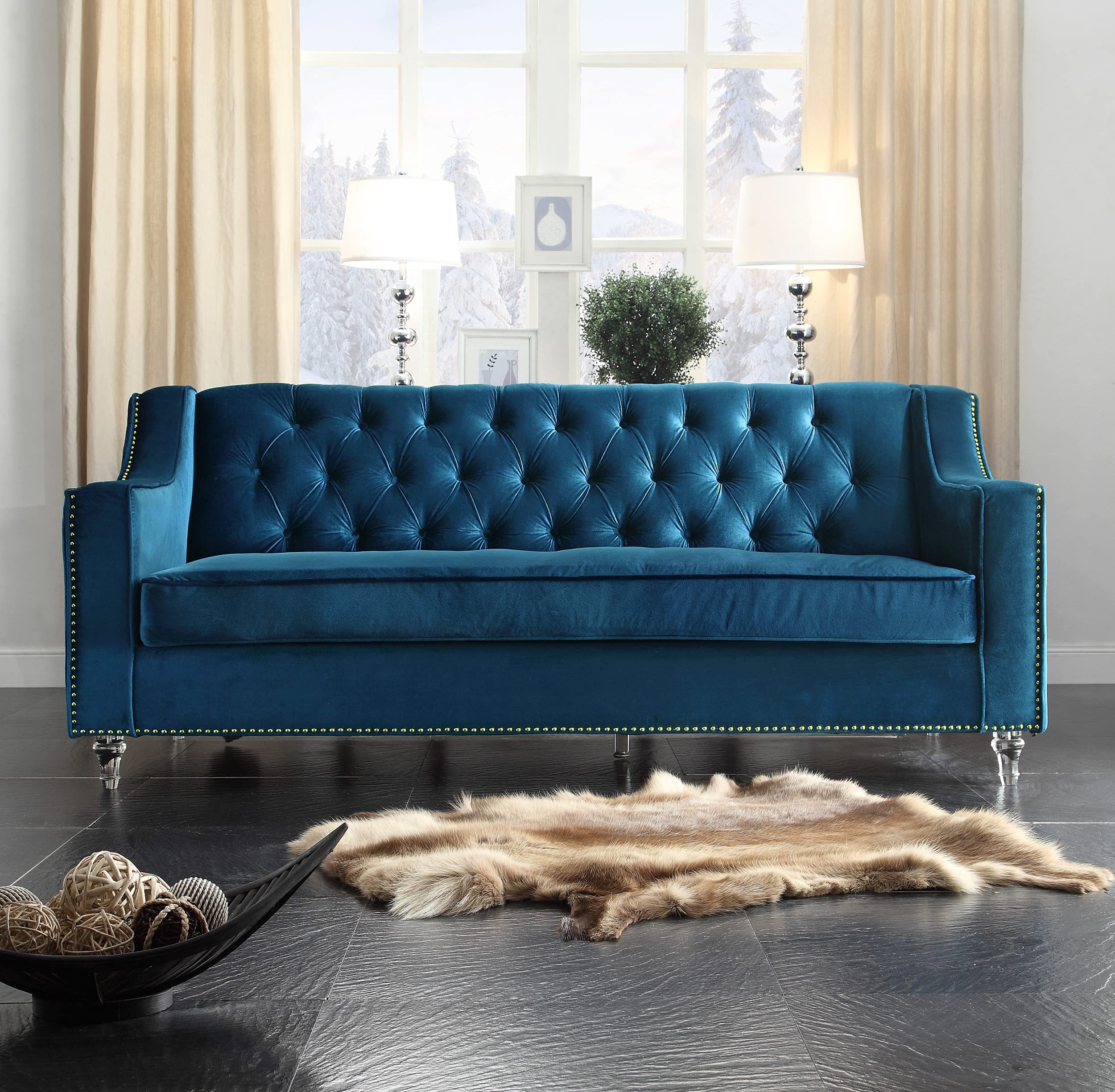 Photo 1 of Green not blue *** Iconic Home Dylan Velvet Modern Contemporary Button Tufted with Silver Nailhead Trim Round Acrylic Feet Sofa
