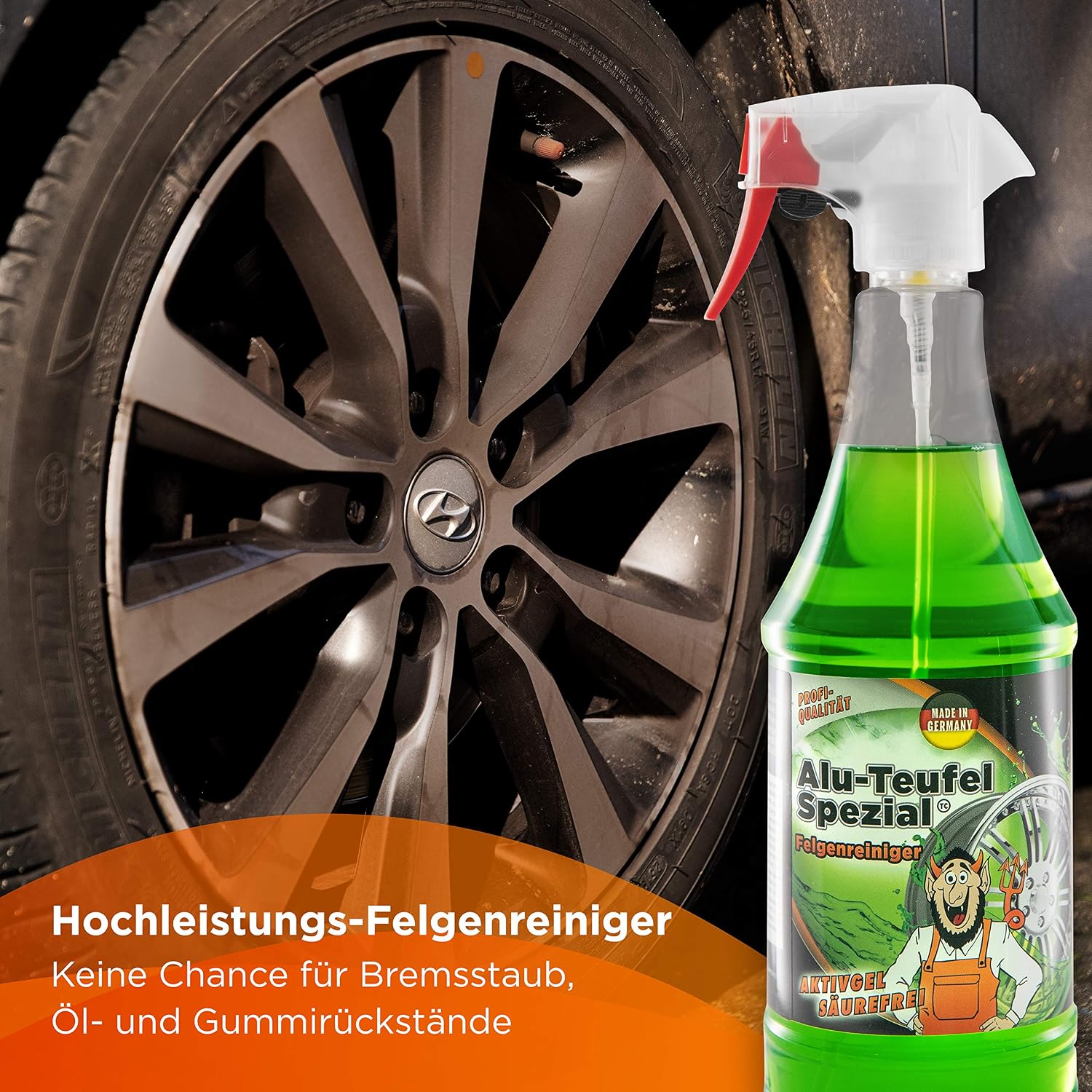 TUGA Chemie Alu-Teufel Special Wheel Rim Cleaner, pack of 1, 1000 ml Spray Bottle, Green (Grün), 1 l (Pack of 1) - Image 3