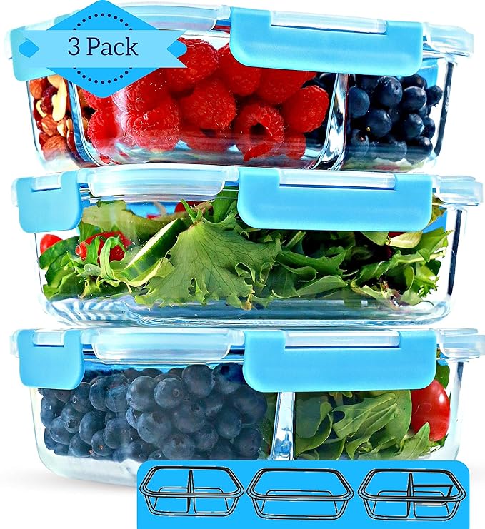 1 & 2 & 3 Compartment Glass Meal Prep Containers [3 Pack, 35 Oz