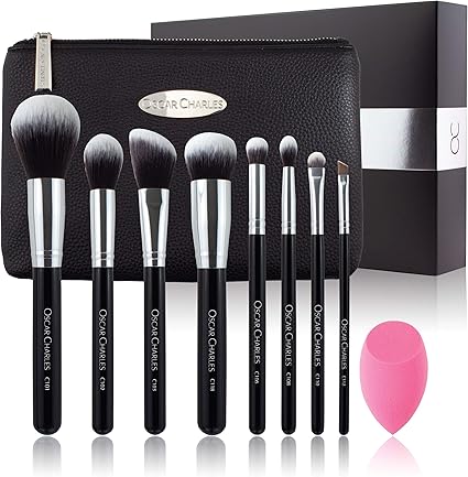 Oscar Charles - Juego de brochas de maquillaje profesional con esponja de belleza y estuche de cosméticos y hermosa caja de regalo[8 piezas] [plata]: Amazon.es: Belleza