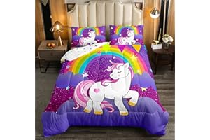Erosebridal Girls Unicorn Comforter Set Twin Girls Bedding Set Cute Rainbow Unicorn Print Down Comforter Kids Cartoon Kawaii Duvet Insert Galaxy Stars Fantasy Room Decor Children Reversible Purple