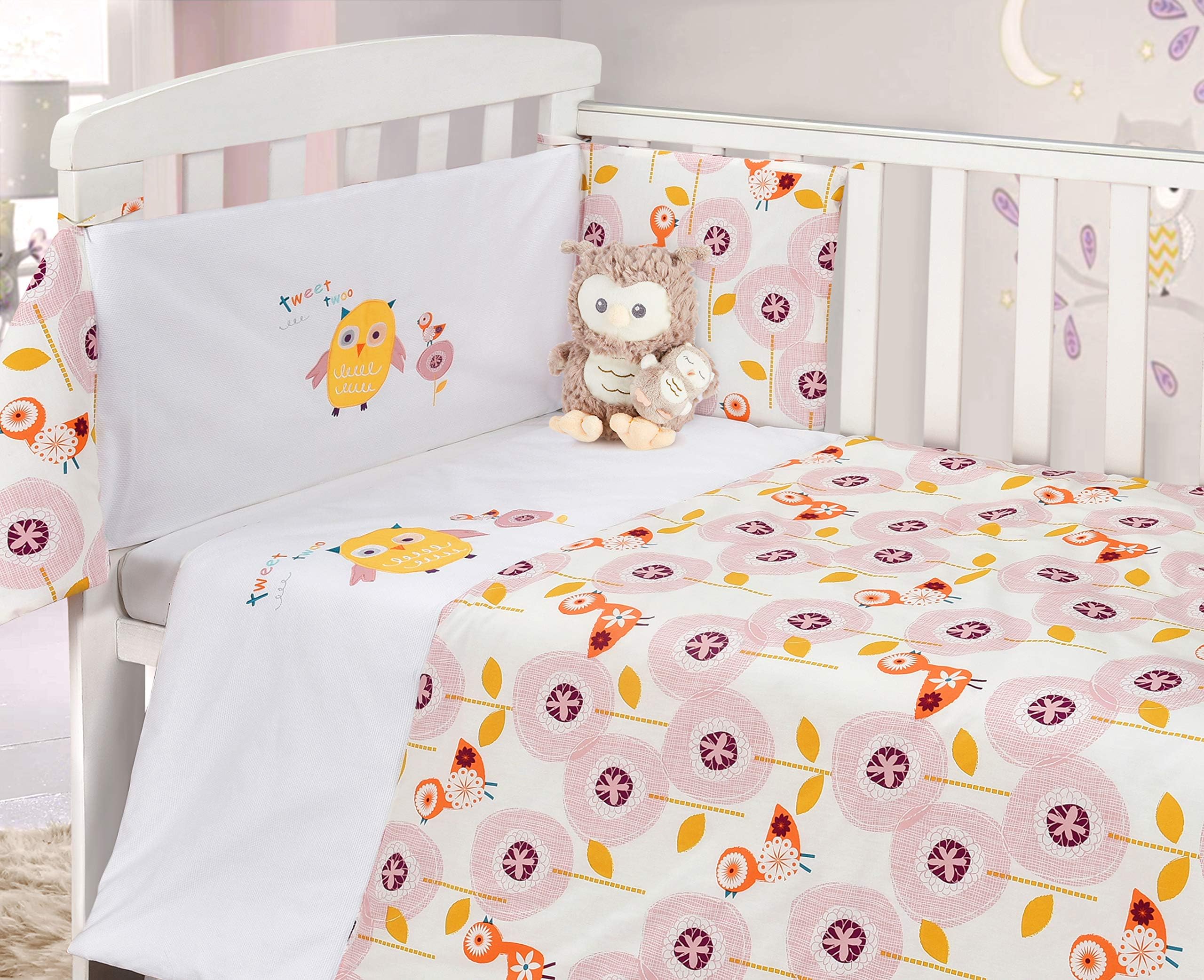 My Little World Nursery Pink Owl Tweety Bird Baby Bale Bedding Set Floral Print Cot Quilt and Bumper Set - Cotton Baby Cot Bed Set