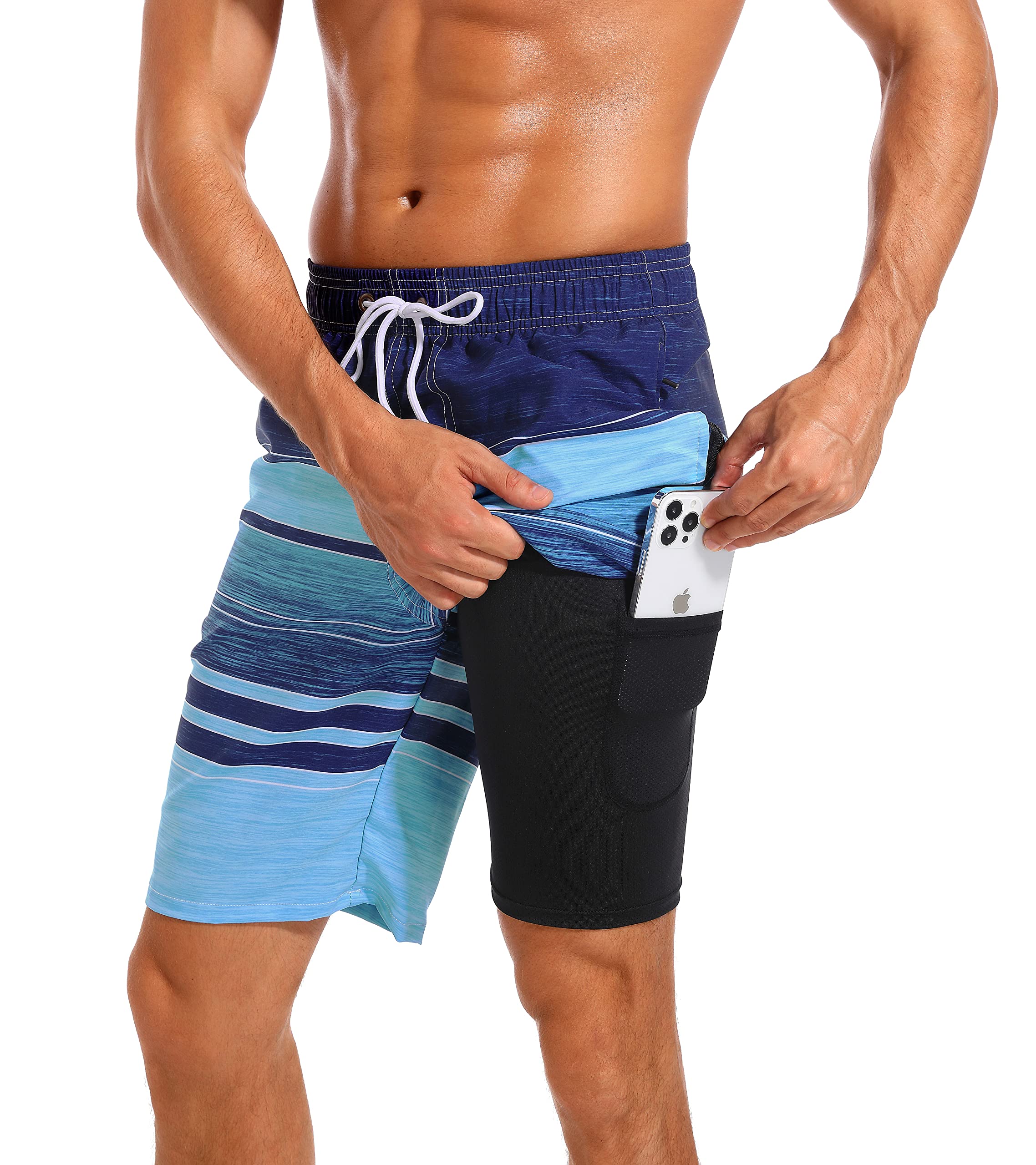 difficort Mens Swim Trunks with Compression Liner Quick Dry Bathing Suits Shorts with Zipper Pockets,Navy & Blue Stripe,XX-Large Image