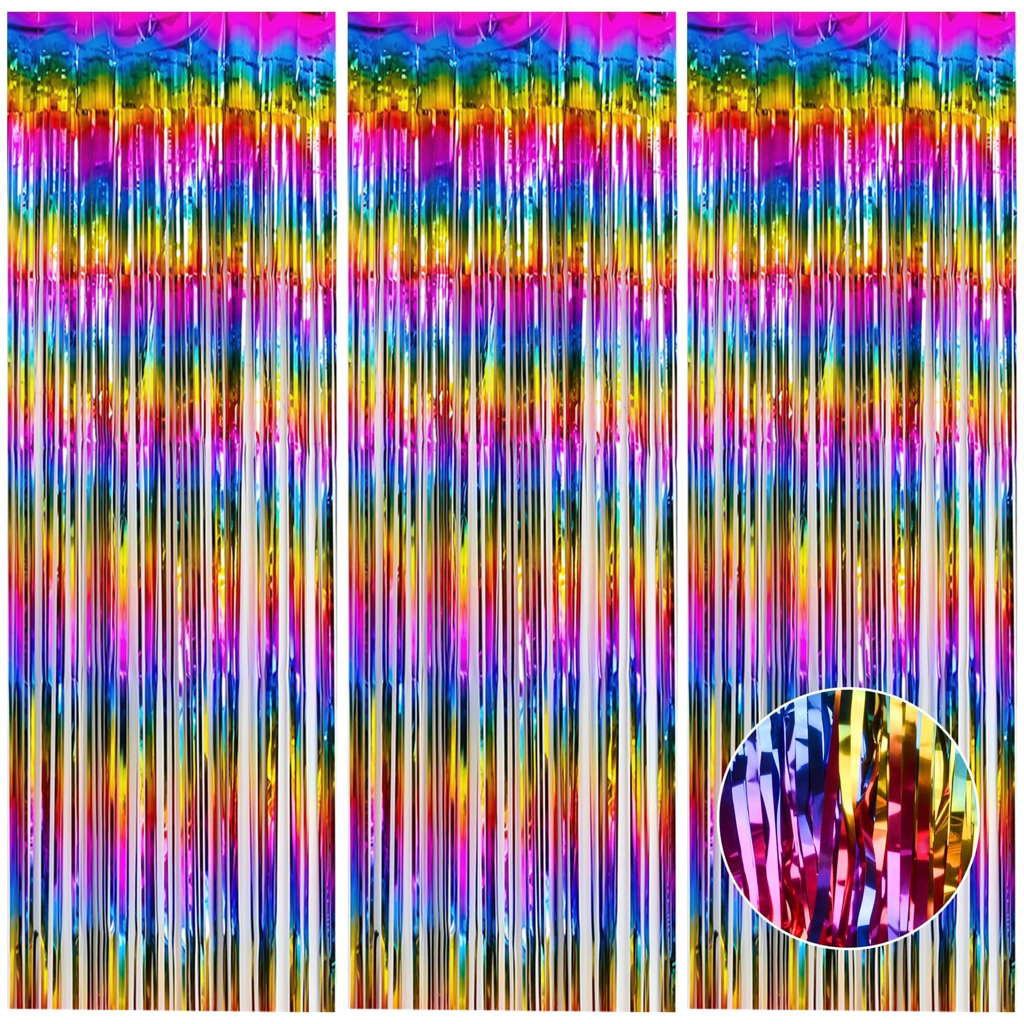 AIBAOBAO 3 Pcs Rainbow Tinsel Foil Fringe Curtain 1m x 2m (3.2ft x 6.5ft) – Metallic Shimmer Backdrop Streamer for Photobooth, Doorway & Party Décor, Birthday, Wedding, Halloween, Xmas, Disco, Prom