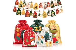 24 PCS Advent Calendar Bag with Drawstrings Small Christmas Gift 24 Days Burlap Hanging Countdown Candy Gift Bags for Xmas Ch