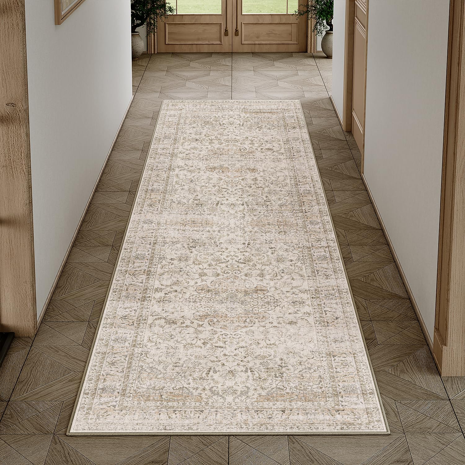 WondRg 2x6 Washable Beige Vintage Runner Rug for
