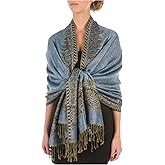 Sakkas Border Pattern Layered Reversible Woven Pashmina Shawl Scarf Wrap Stole