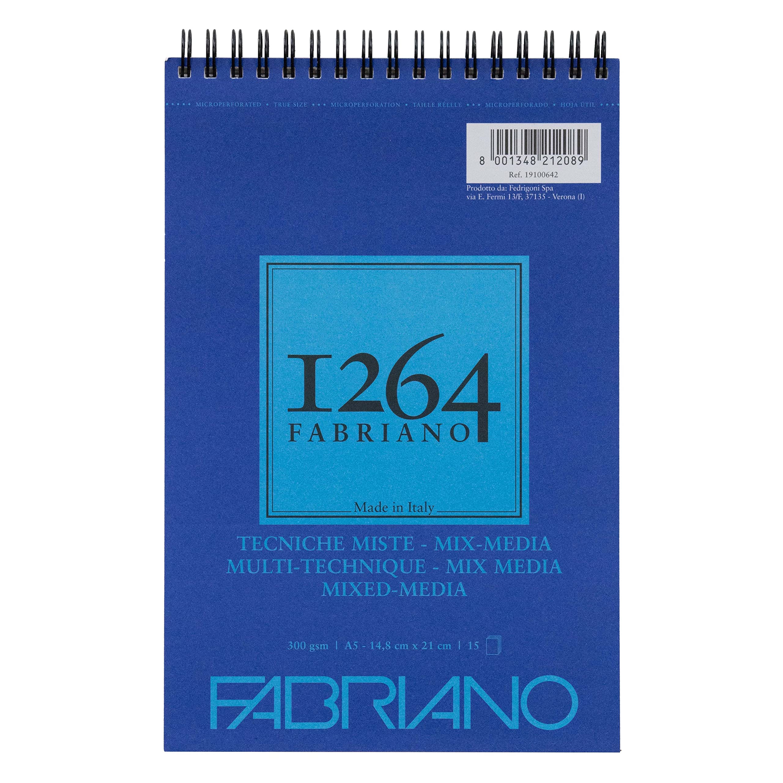 Fabriano Honsell 19100642 19100642-Fabriano Mix Media Spiral Pad 1264 300 g/m² DIN Natural White Medium Grain Paper Acid Suitable for All Different Techniques White A5 15 Sheets