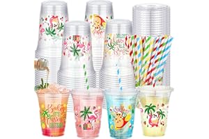Kochorie 60-Piece 16 oz Plastic Cups - Summer & Christmas Party Pack with Lids & Straws - Tropical Hawaiian Luau Design