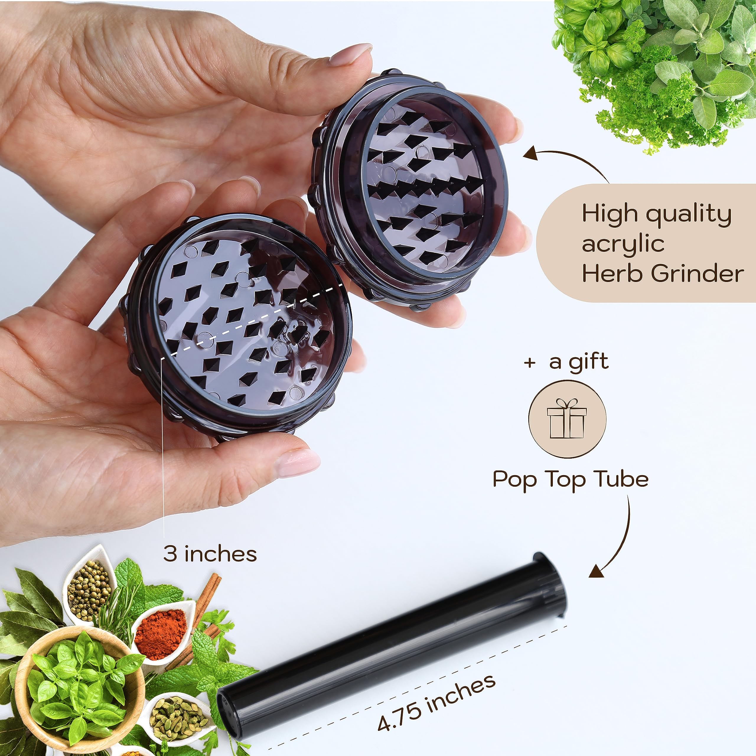 Acrylic Herb Grinder | Large 3 inch Black plastic grinder | (Black)
