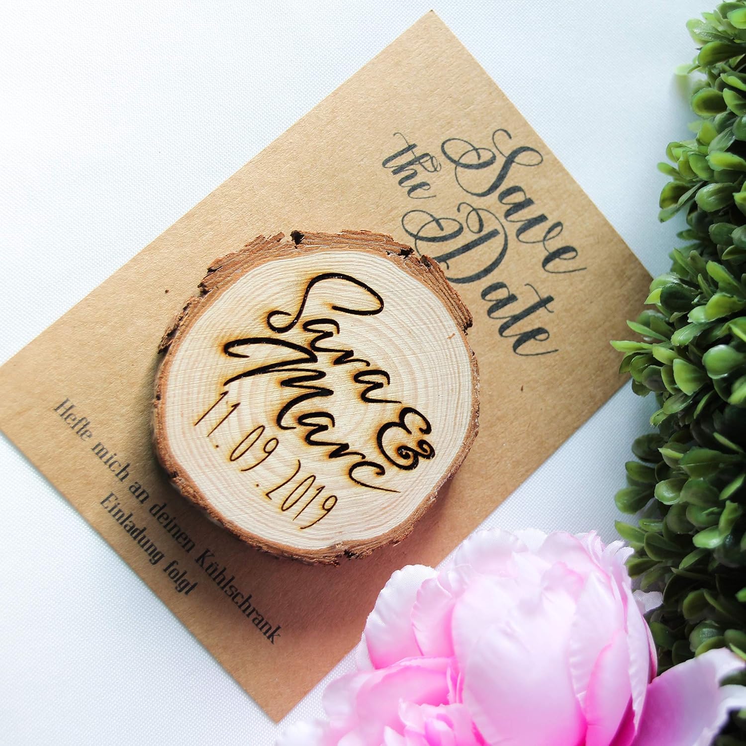 Save the Date Magnet mit Karte Hochzeit - Baumscheibe - echtes Holz