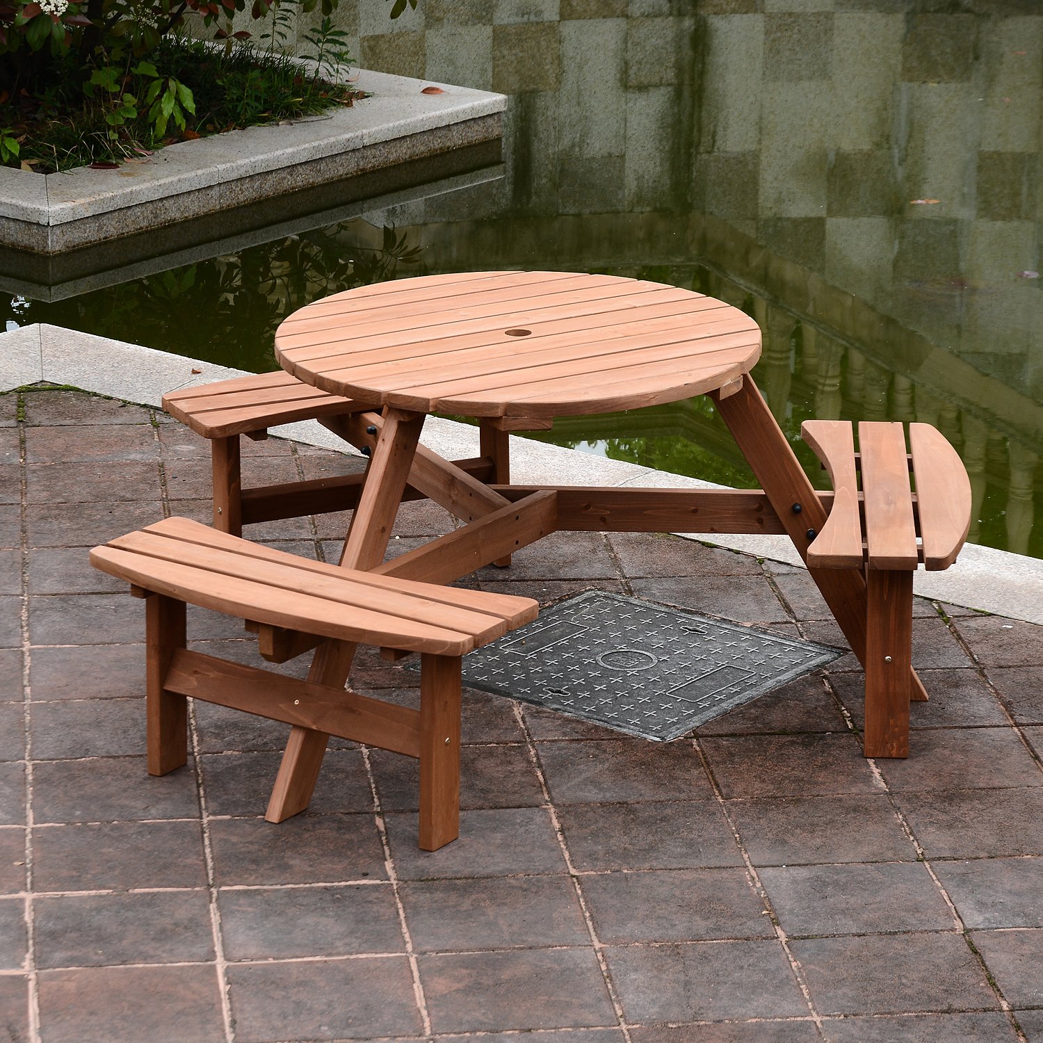 Outsunny Fir Wood Pub Parasol Table And Bench Set 6 Person Heavy Duty Patio Dining Garden Outdoor Furniture Home Garden Store Garden Outdoors