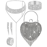 5 Pcs Valentine's Day Rhinestone Clutch Purses Jewelry Set for Women Heart Shape Tassel Evening Clutch Bag