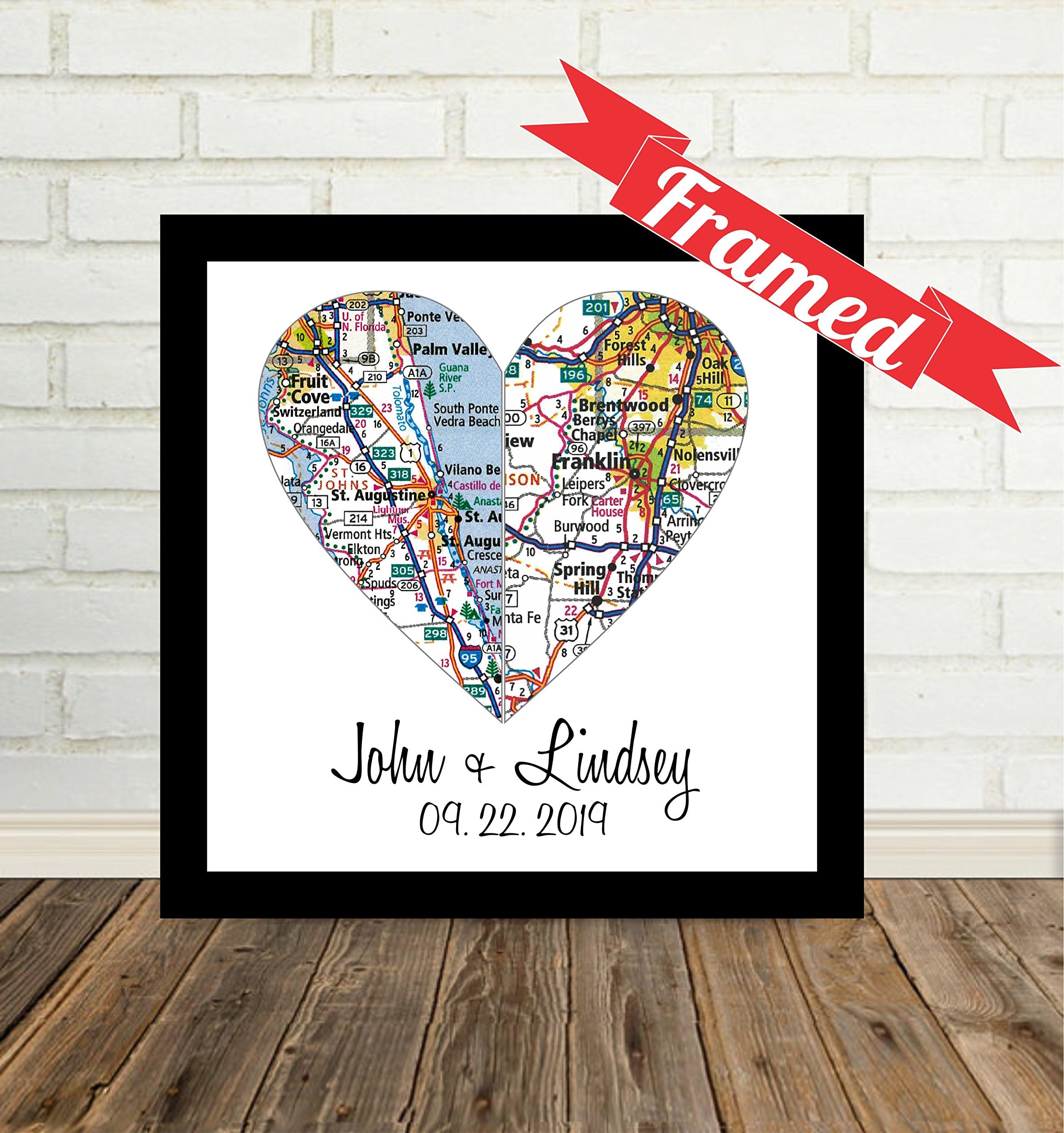Custom Wedding Couple Split 2 Heart Maps Art Print, FRAMED ART, Wedding gift, Personalized & Customized, Engagement Gift, Anniversary Gift, Valentines day gift, Housewarming gift