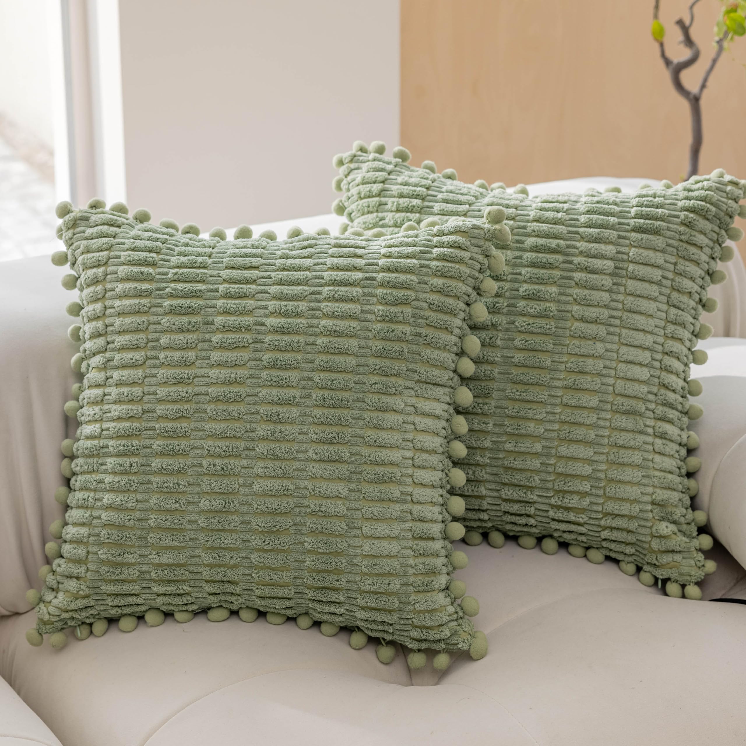 Home Brilliant Boho Cushion Covers with Pom Poms Light Green Set of 2, Large Cushions 60cm x 60cm for Sofa Bed Couch Summer, Light Green, 60cm x 60cm