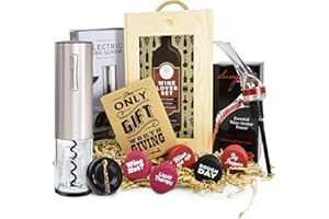 THE ONLY GIFT WORTH GIVING Wine Gifts Set – Wine Accessories Set w/Wooden Box- Wine Set includes Rechargeable Wine Opener, Aerator, Wine Stoppers & Pairing Guide- Wine Basket Gift - Wine Gifts for Women.