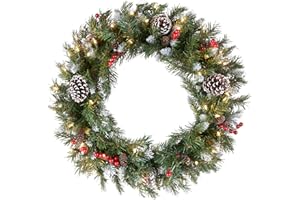 National Tree Company Pre-Lit Artificial Christmas Wreath, Green, Frosted Berry, White Lights, Decorated with Pine Cones, Berry Clusters, Frosted Branches, Christmas Collection, 24 Inches