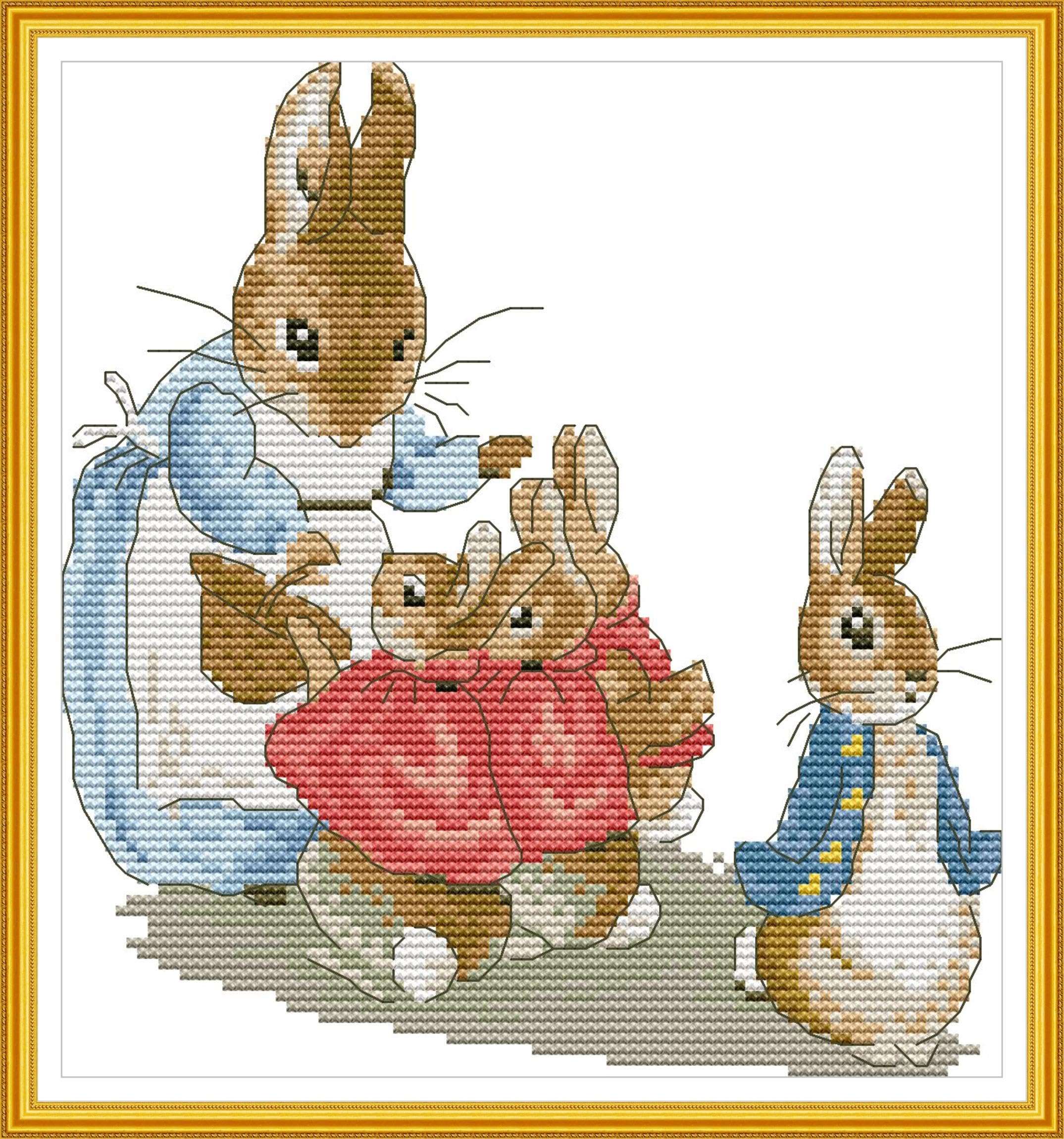ABEUTY Unstamped Cross Stitch Kits Bunny Rabbit Family for Adults Beginners, DIY 14 Count Unprinted Advanced Embroidery Sewing Starter Kit Needlework Set (Unstamped Bunny)