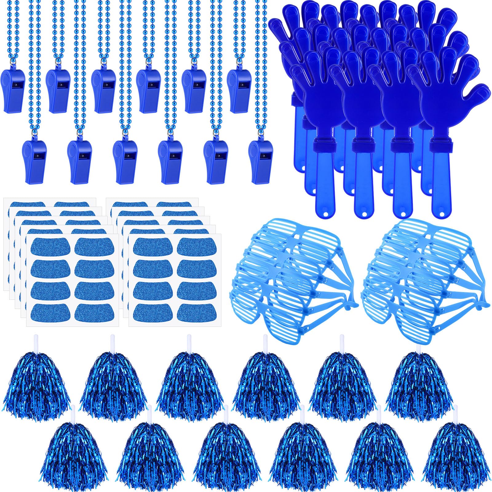 Photo 1 of Realspring 148 Pcs School Spirit Items Bulk Team Spirit Week Accessories Include Hand Clappers Noisemakers Whistles Cheerleading Pom Poms Shutter Glasses Eye Black Sticker for Sports(Blue)