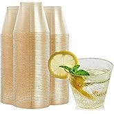 FOCUSLINE 9 oz Gold Plastic Cups, Disposable Clear Fancy Hard Plastic Cups, Gold Glitter, Heavy Duty, Reusable,100 Count
