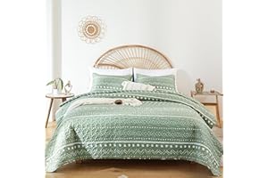 JANZAA Bedspreads Boho Quilt Set Queen Size - Sage Green Bohemian Bedding Coverlet, Lightweight Soft Polyester Bedding Set for All Season, Machine Washable(Two Pillow Cases)