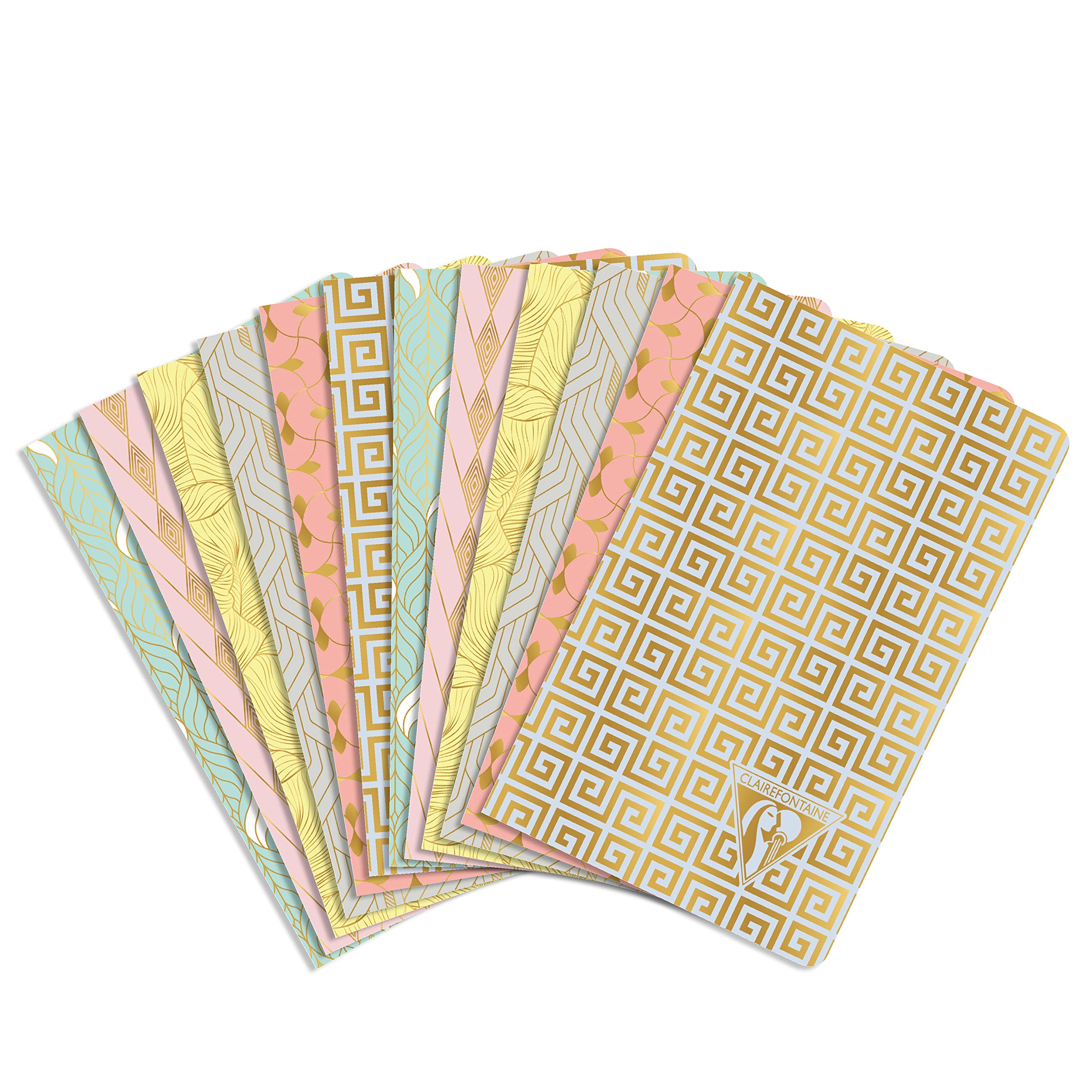 Clairefontaine 193086C - A pack of 12 Neo Deco thread-stitched notebooks 48 ivory pages 7.5x12 cm 90g lined, laminated card cover, "Spring-Summer Collection" pattern ass