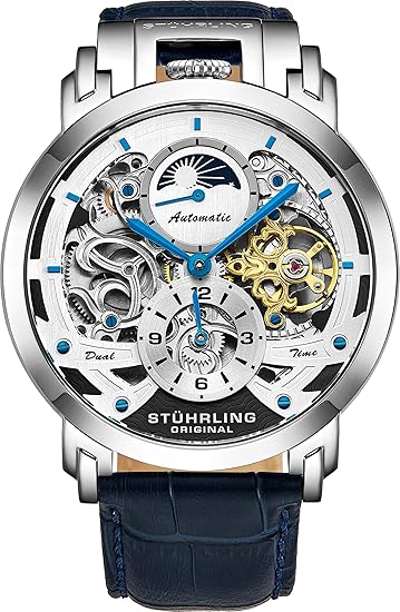 Amazon Stuhrling Orignal メンズ腕時計 自動巻き スケルトン メンズ レザー ラグジュアリー ドレスウォッチ 機械式腕時計 ステンレススチールケース 自動巻き アナログ腕時計 ブルー メンズ腕時計 腕時計 通販