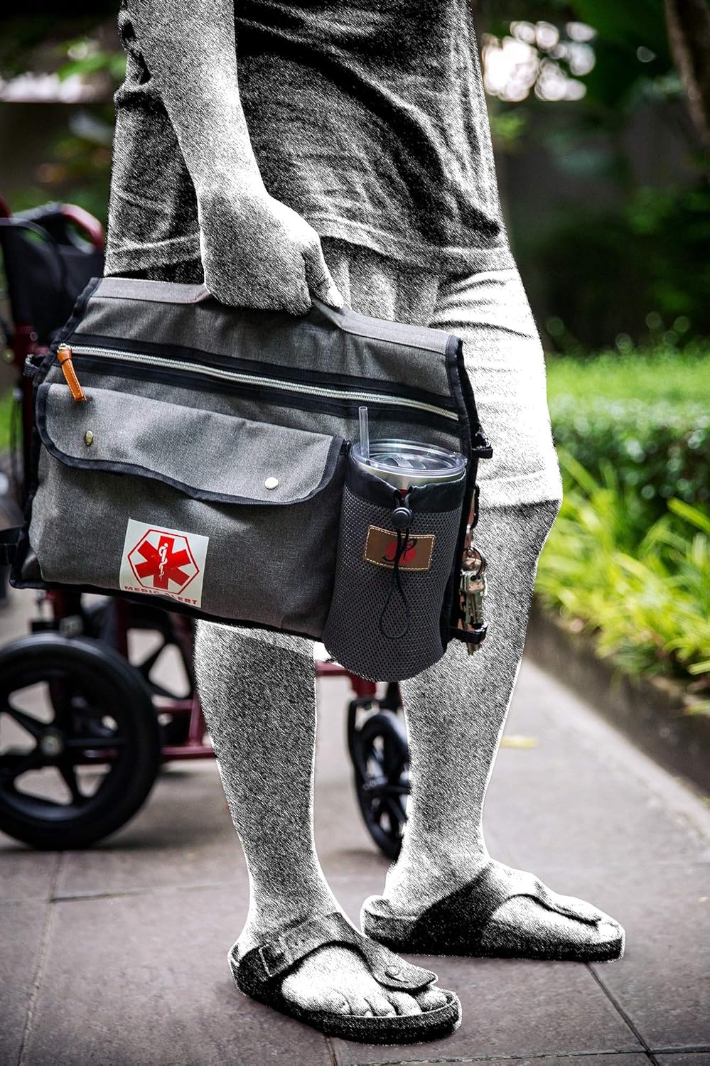 Wheelchair Side Pouch Bag(Double-Side) with Cup and Phone Holder for Manual, Electric or Power Mobility Scooter Full ARMREST by P&F for Lightweight Transport - Deluxe Wheelchair Accessories (Gray): Health & Personal Care