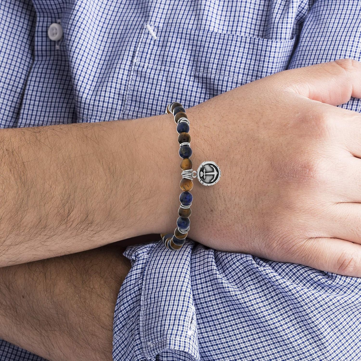 Steve Madden Men's Simulated Blue Lapis and Brown Tiger's Eye Anchor Disc Charm Beaded Adjustable Bracelet in Stainless Steel: Jewelry