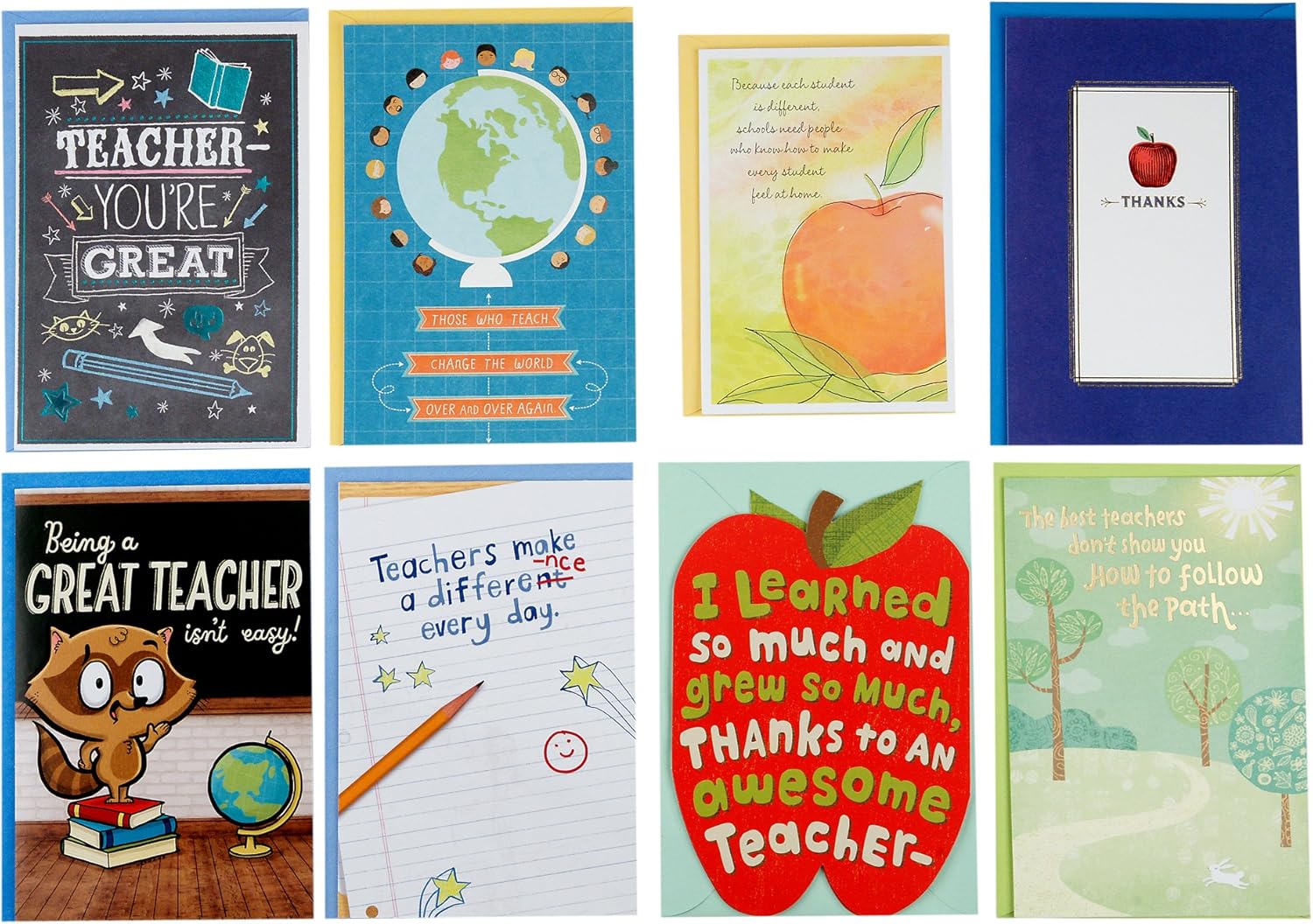 Hallmark Teacher Appreciation Card Assortment for Day Care, Preschool, Elementary School, Graduation or Back to School (8 Cards with Envelopes)