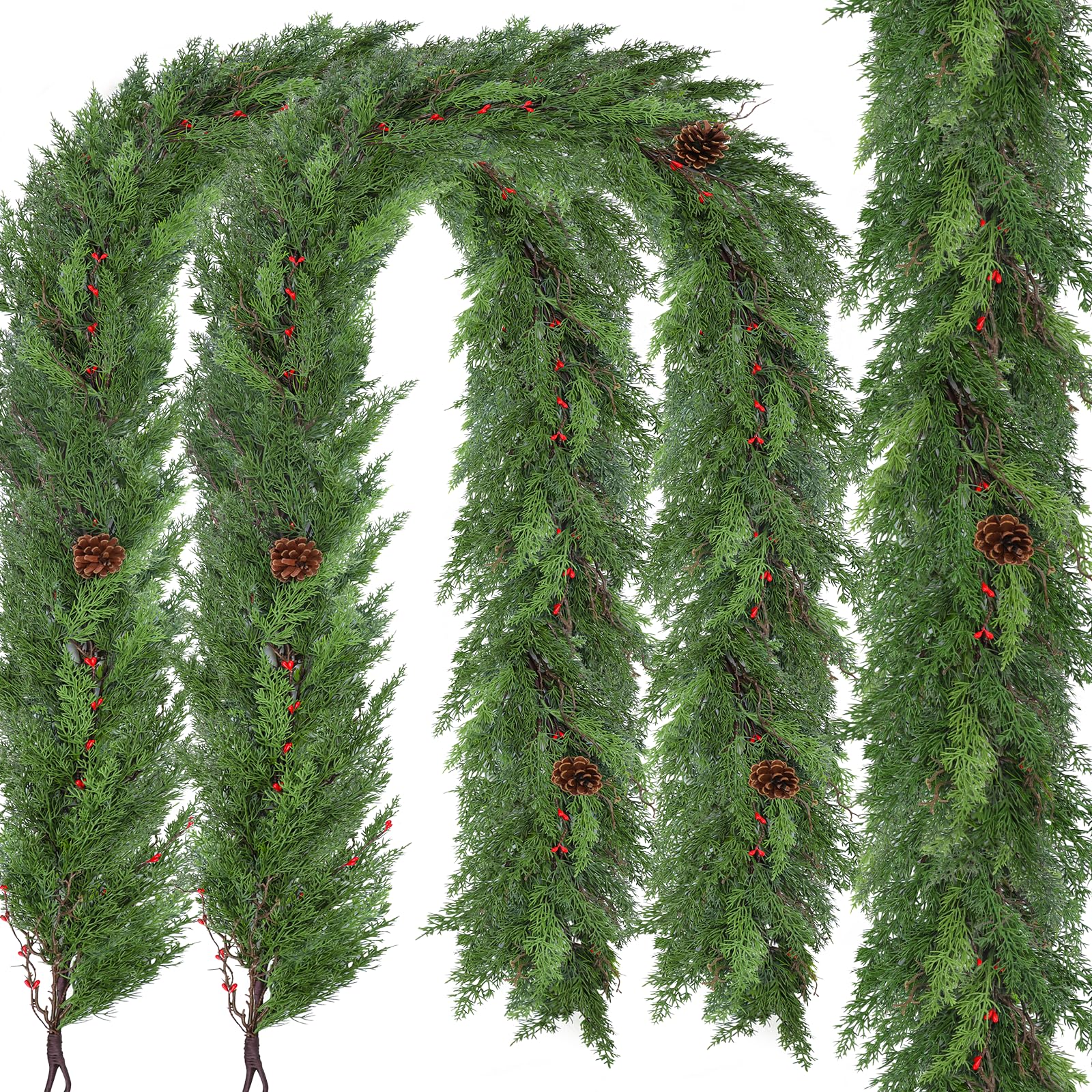 Photo 1 of 2 Pack 6FT Real Touch Christmas Garland with Pine Cone Artificial Realistic Faux Green Cedar Pine Garland,Thick and Lush, Lifelike Cedar Garland for Fireplace Indoor Outdoor Holiday Party Decoration