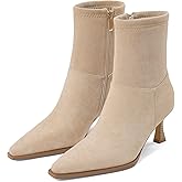 Atsroel Womens Brown Suede Fall Boots with Side Zip, Ankle, Mid Calf, Pointed Toe, Kitten Heel, Dressy, Short Boots