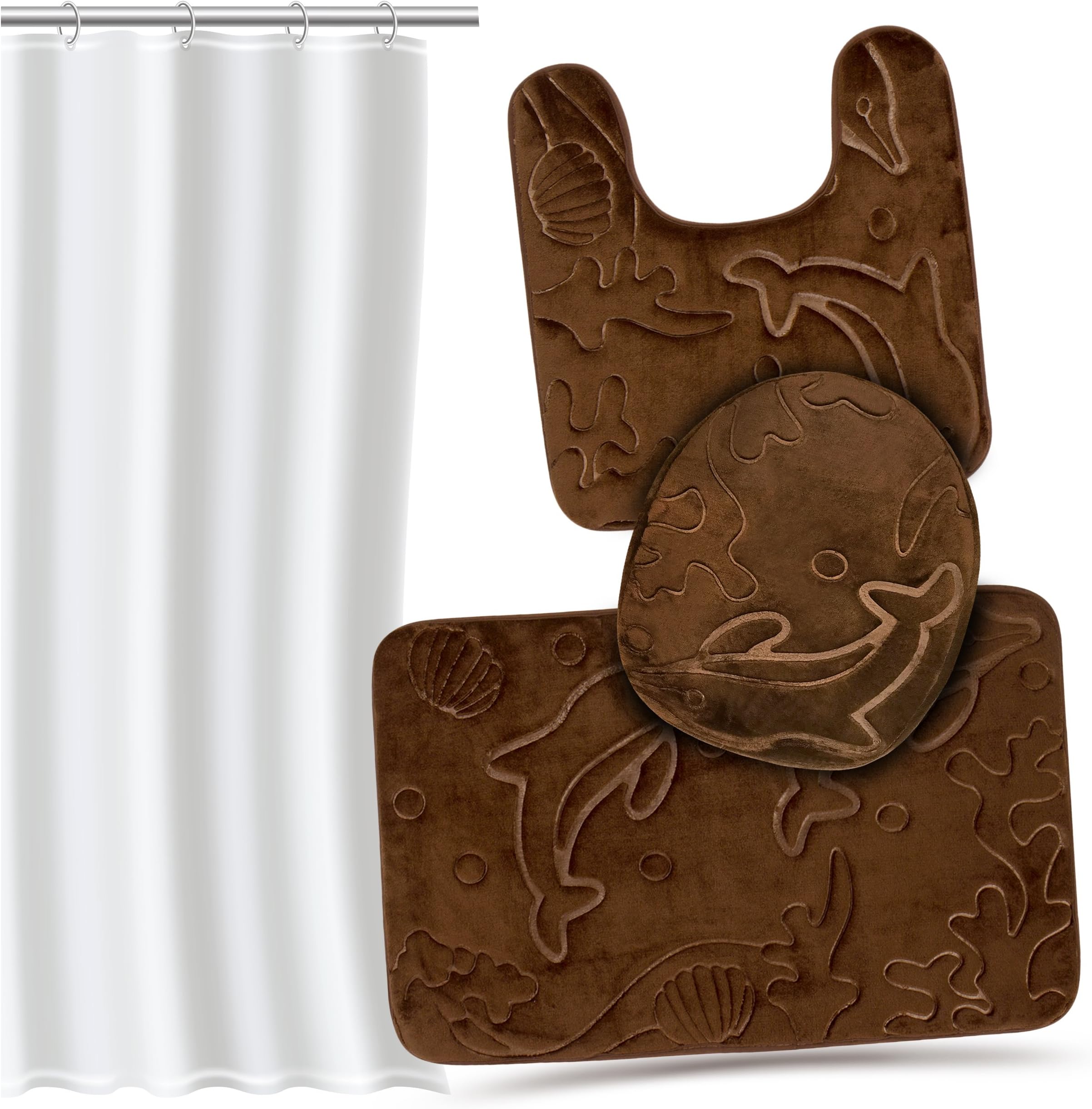 Effiliv 3 Piece Bathroom Rugs Set - Memory Foam Bath Mats, Extra Soft + Shower Liner, Brown