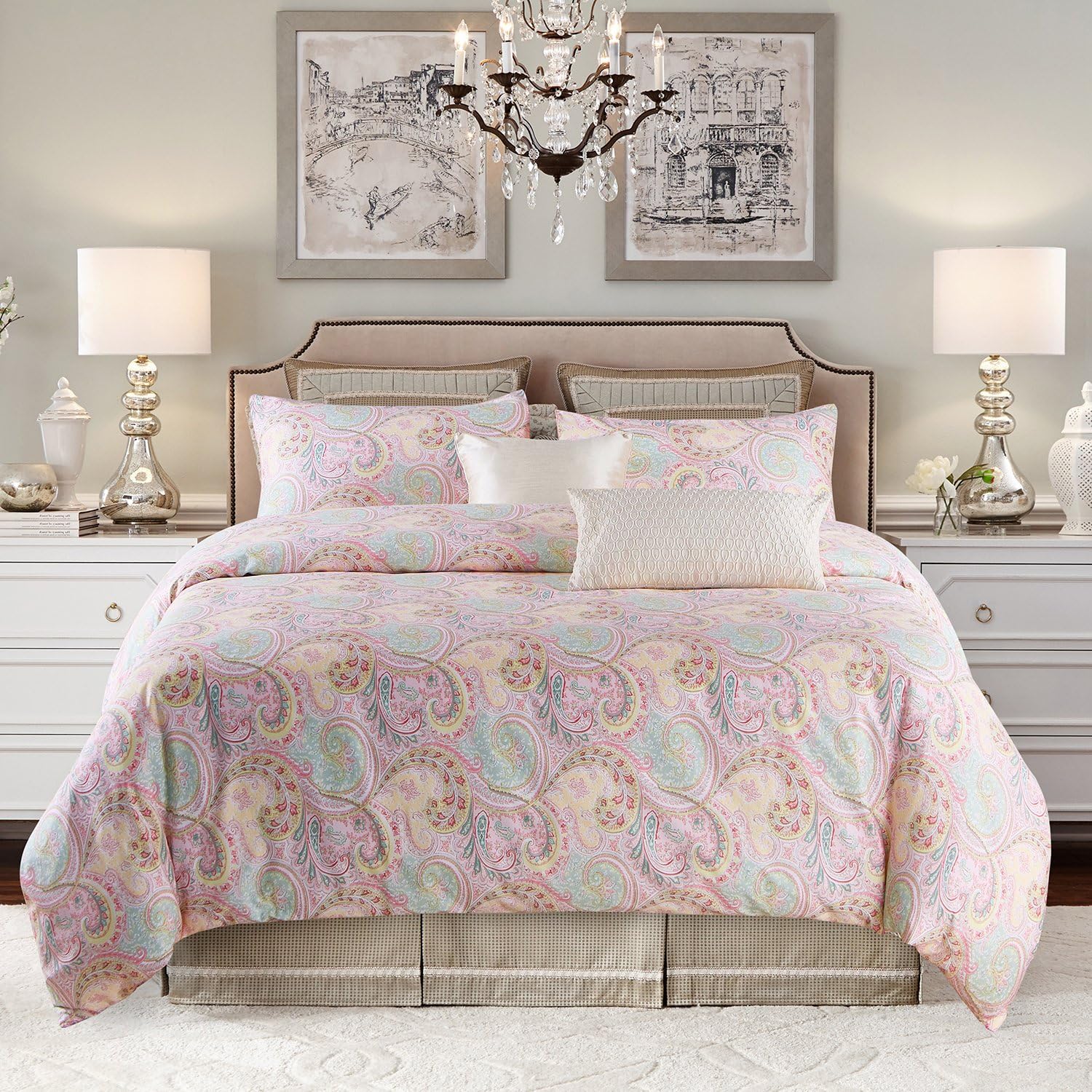 jieshiling Boho Flower Duvet Cover Queen and 2 Pillow Shams Bedding Set, 100% Cotton (Queen, Pink)