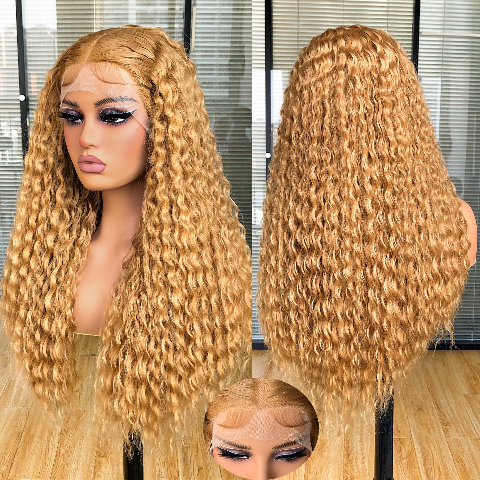CoCrowns Long Curly Lace Front Wig for Black Women, Pre Plucked With Baby Hair,13×4×1 HD Glueless Lace Curly Wigs,Pre Plucked With Baby Hair,Afro Kinky Curly Synthetic Lace Wigs 26Inch (Honey Blonde)