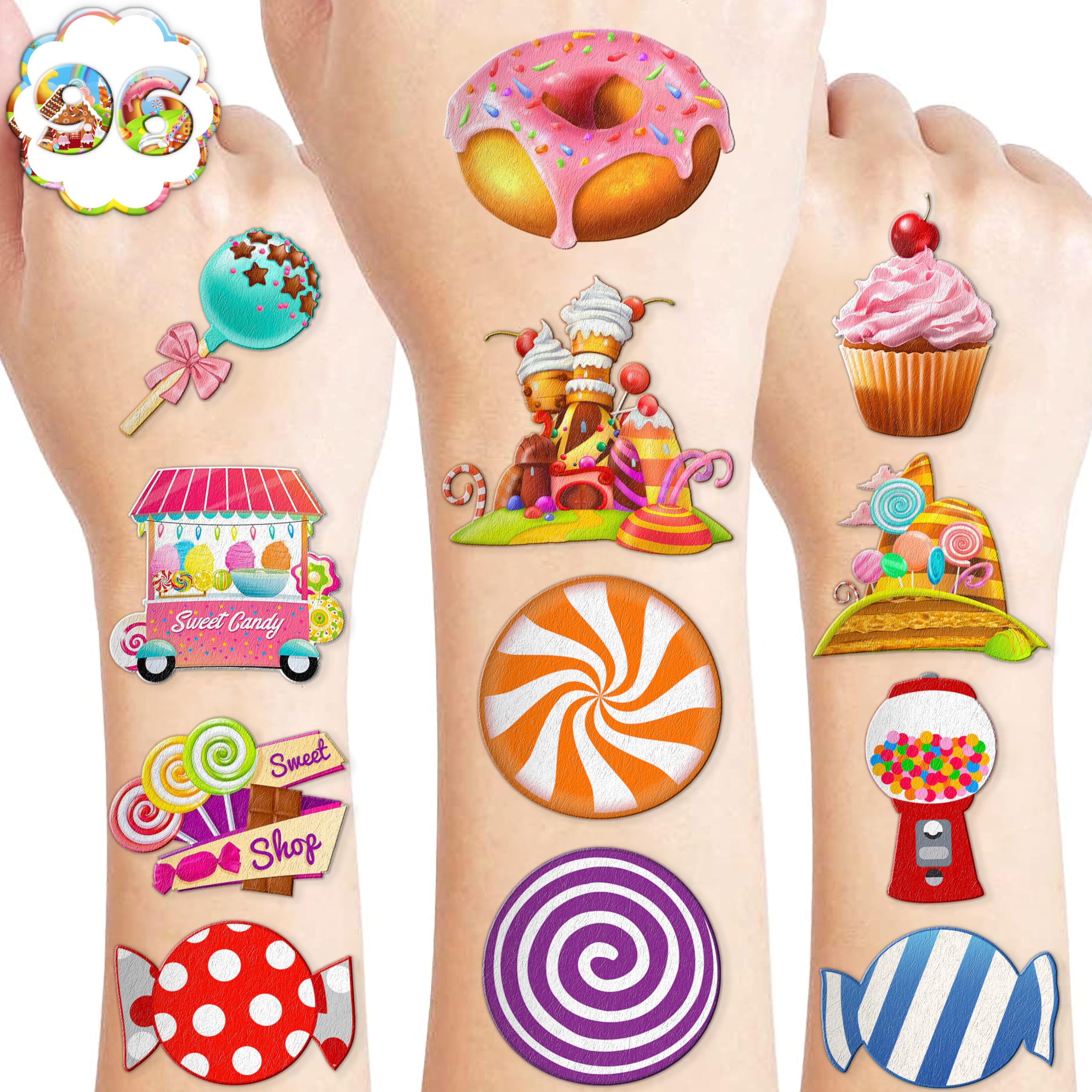 Photo 1 of 96 PCS Cute Candyland Candy Land Pre-Cut Temporary Tattoos for Kids Theme Birthday Party Decorations Supplies Favors Decor Stickers Tattoo (Green)