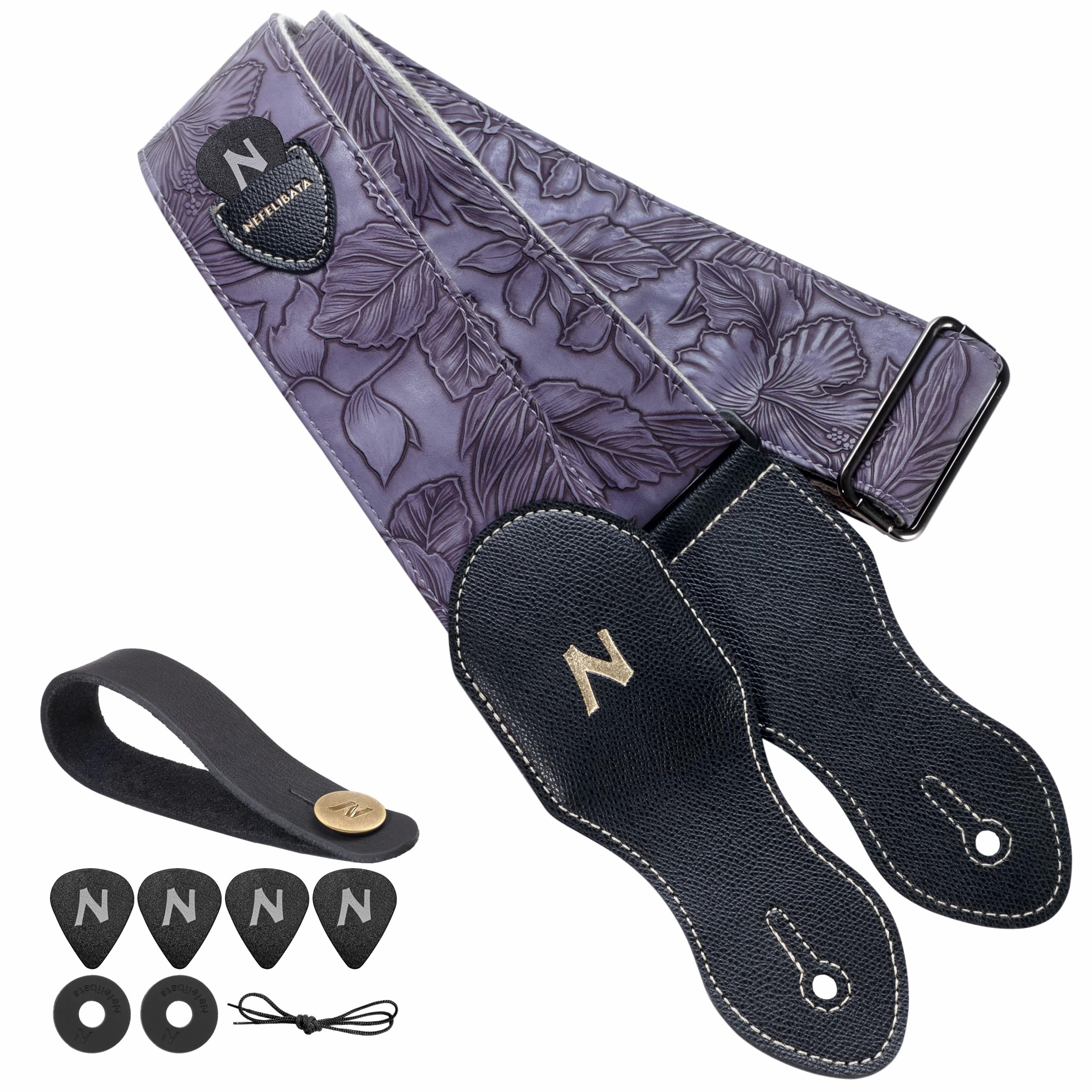 Nefelibata Guitar Strap with Pick Pocket,2.3 inch Porter Style Vegan Leather Guitar Straps,60s Western Vintage,Guitar Pick,Strap Button and Strap Lock(Purple)