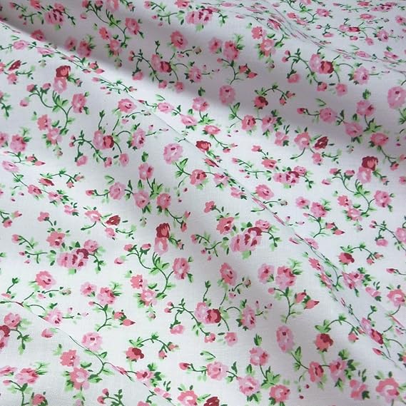 Baumwoll-Polyester-Stoff mit zarten rosa Blumen, Weiß, Meterware