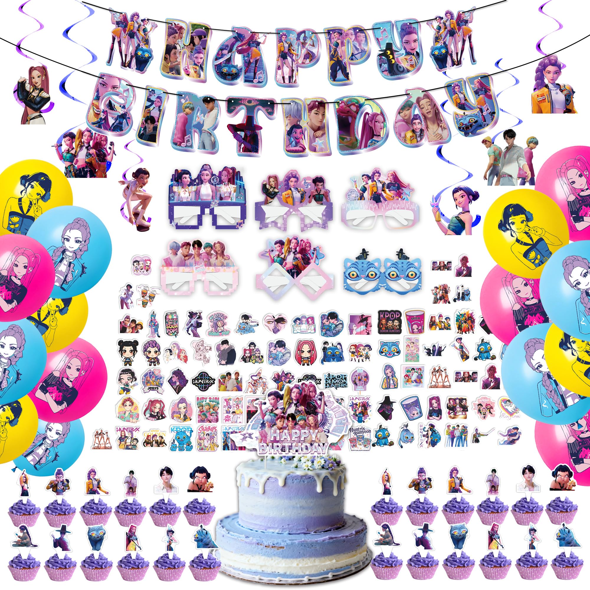 For K Pop Demon Hunters Party Supplies,157 PCS Birthday Decorations Set Include Banner,Balloons,Hanging Swirls,Cake Cupcake Toppers,Tablecloth for Boys Girls Hunters Theme Party