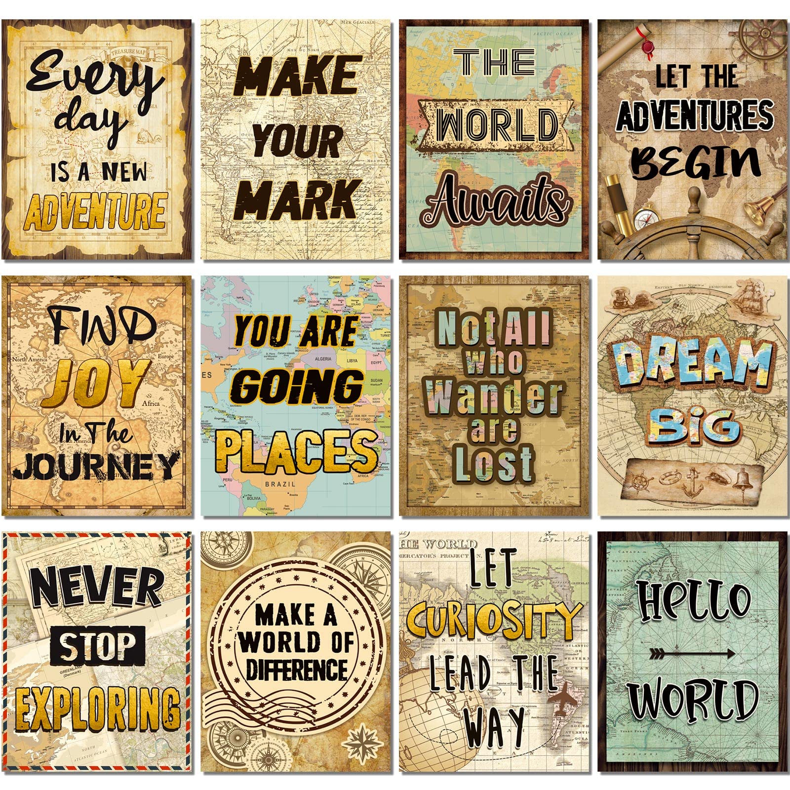 Photo 1 of 12 Pieces Travel The Map Motivational Wall Decor Travel World Inspirational Bulletin Board Posters Positive Quote Wall Art for Kids Nursery Homeschool Kindergarten Classroom Decorations, 11 x 14 Inch
