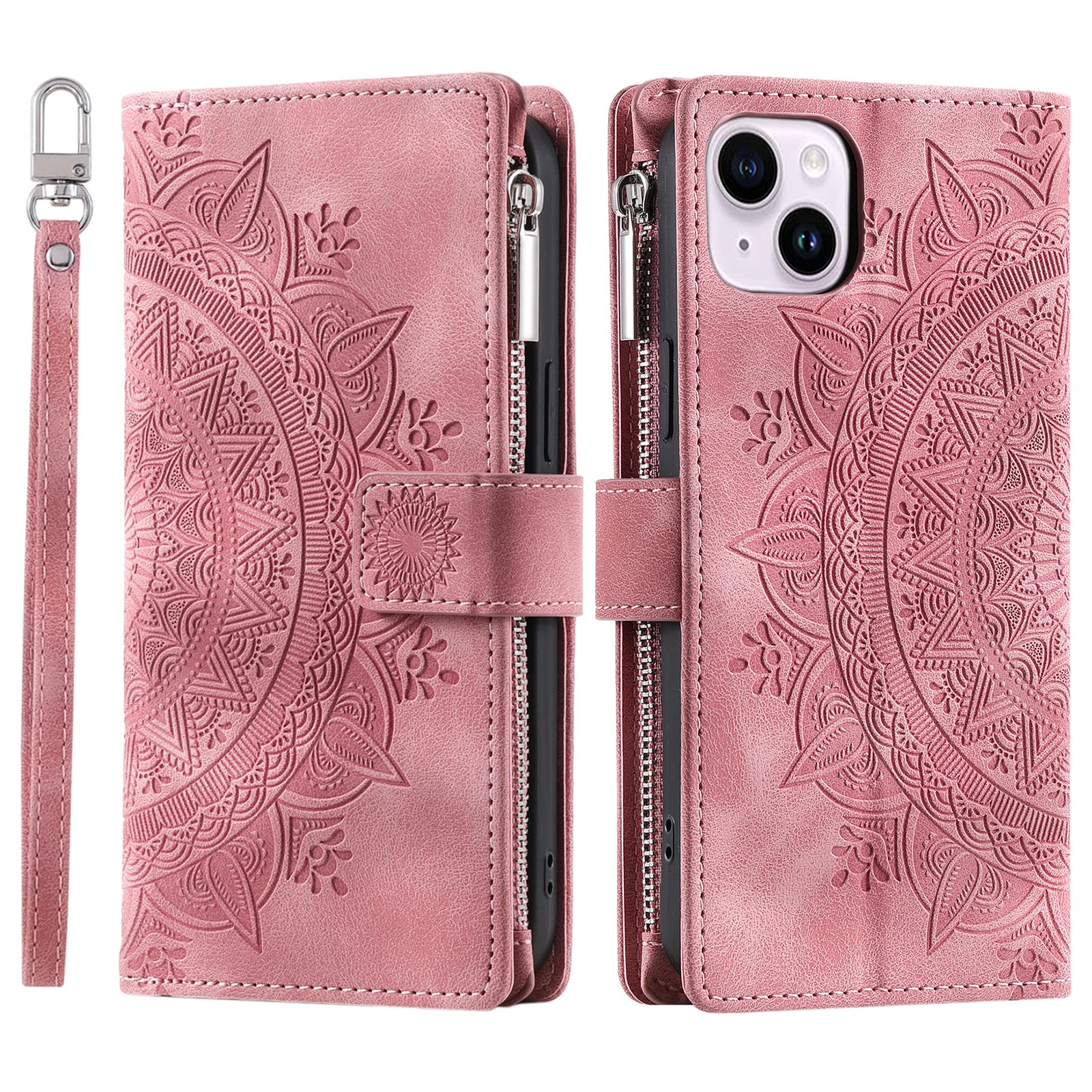 VEEMOS Wallet Case for iPhone 14 Flower Flip Case Protective Leather Folio Book Phone Cover with Card Slots Kickstand Zipper Pocket - Pink