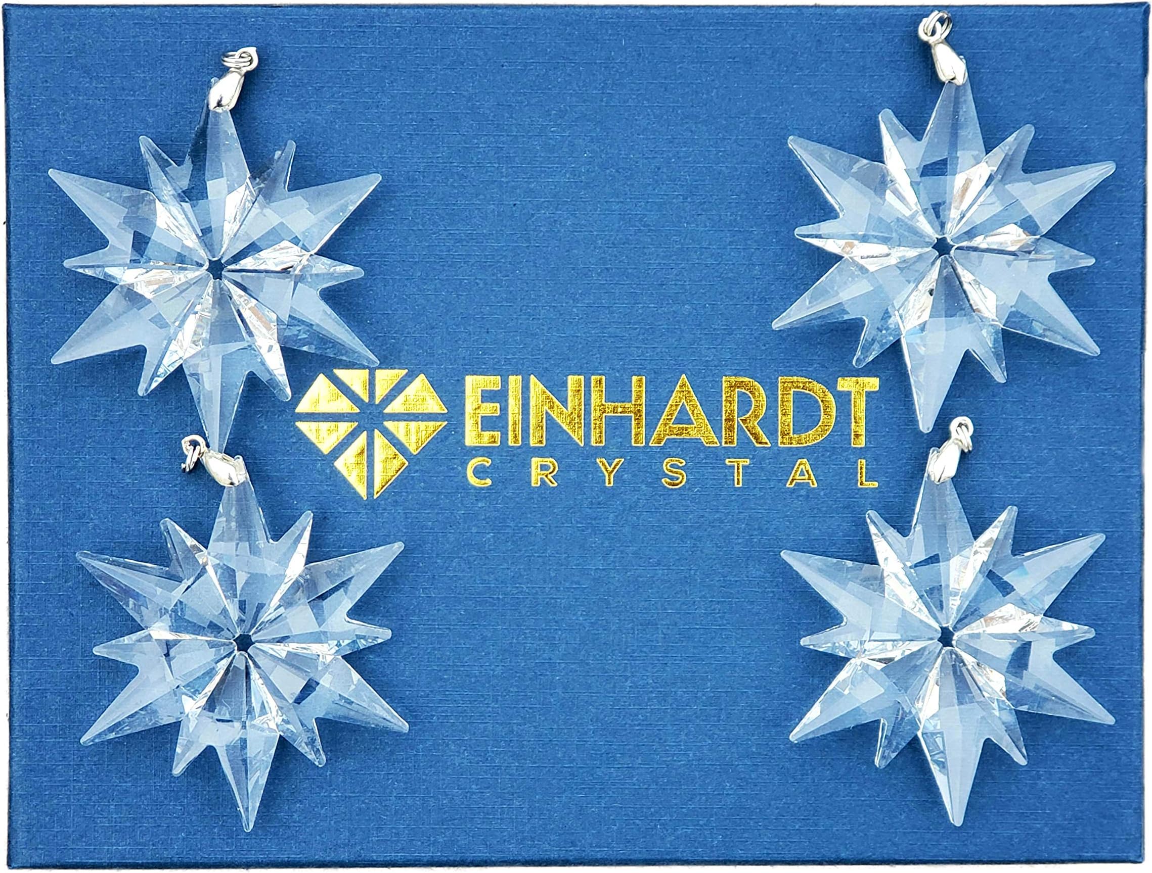 Einhardt Crystal Christmas Ornaments Set of 4 Crystal Glass Star Snowflake Ornaments with Gift Box, Clear Tree Decorations with Satin Ribbons for Hanging